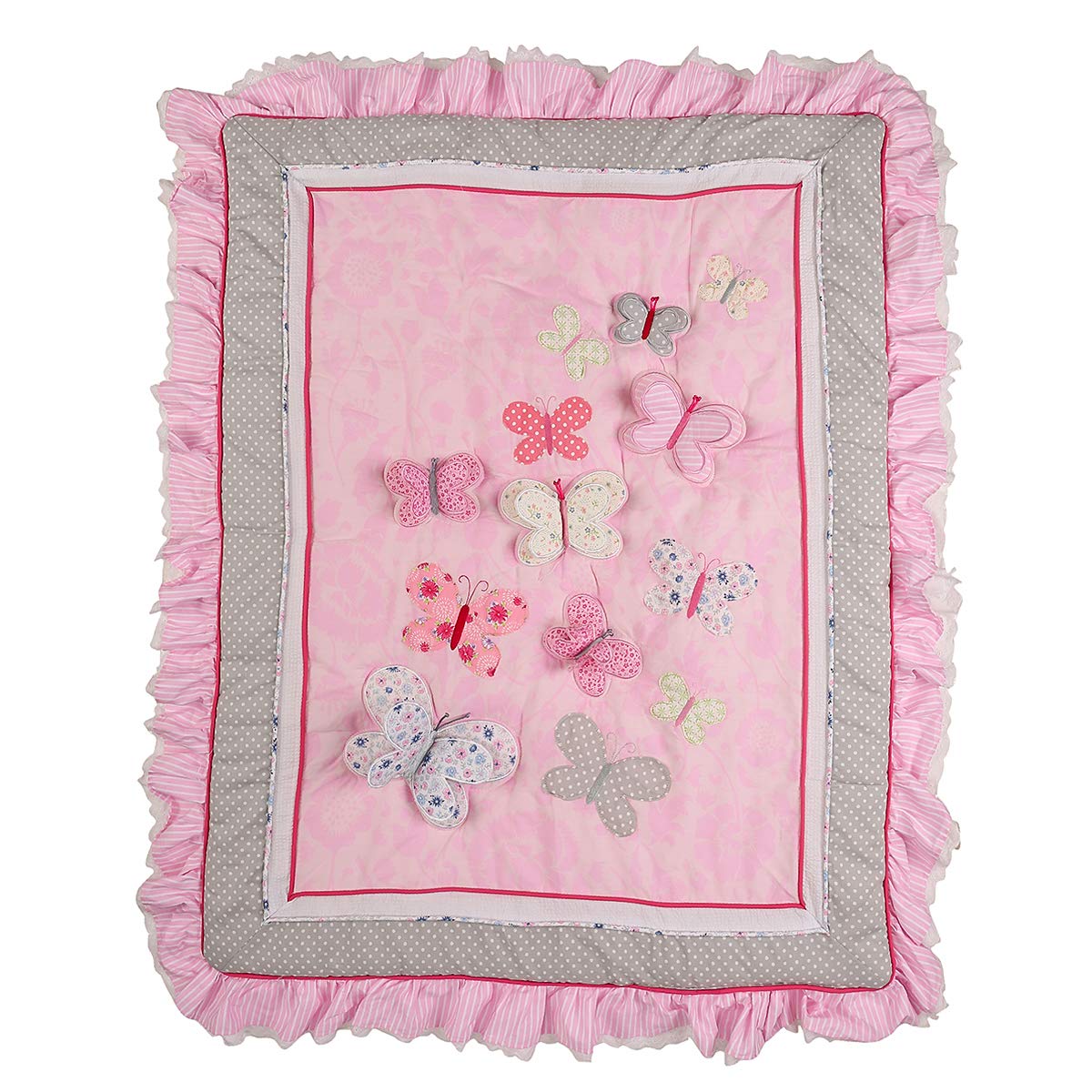 8-Piece Pink Butterfly Embroidery Nursery Crib Bedding Set - Heavy Duty Cotton Baby Girl Crib Set with Quilt, Fitted Sheet, Skirt, Diaper Storage Bag & Window Valance (28