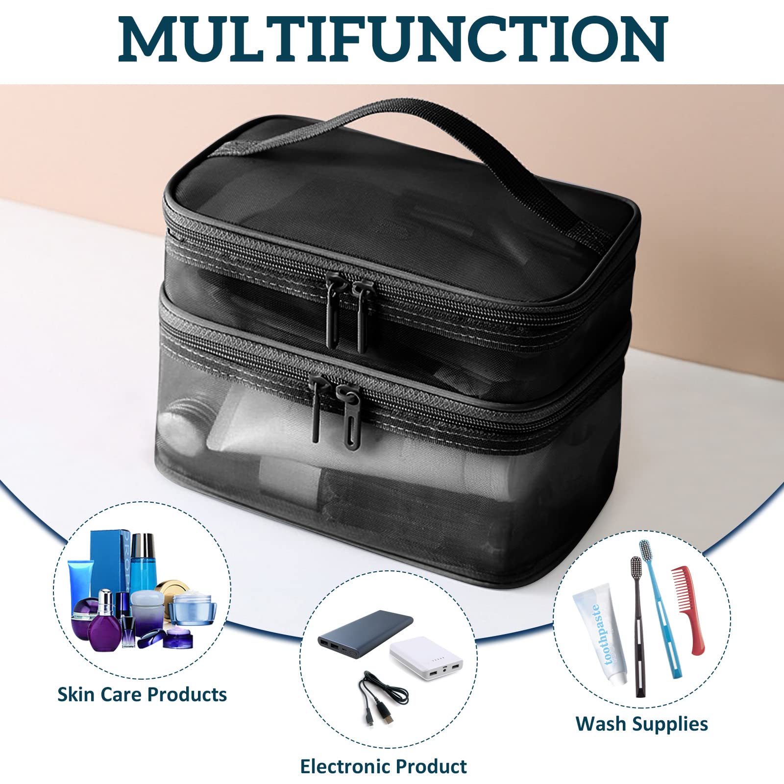 Double Layer Makeup Bag - Large Mesh Travel Cosmetic Pouch with Double Zipper, Waterproof Toiletry Organizer for Makeup Brushes & Essentials (Black) | Perfect for Travel, Gym & Daily Use