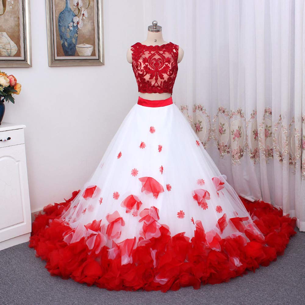 Handmade Red Sleeveless Floral Ball Gown Two-Piece Formal Prom Dress for Quinceanera - Elegant Evening Gowns for Prom, Homecoming, and Special Occasions