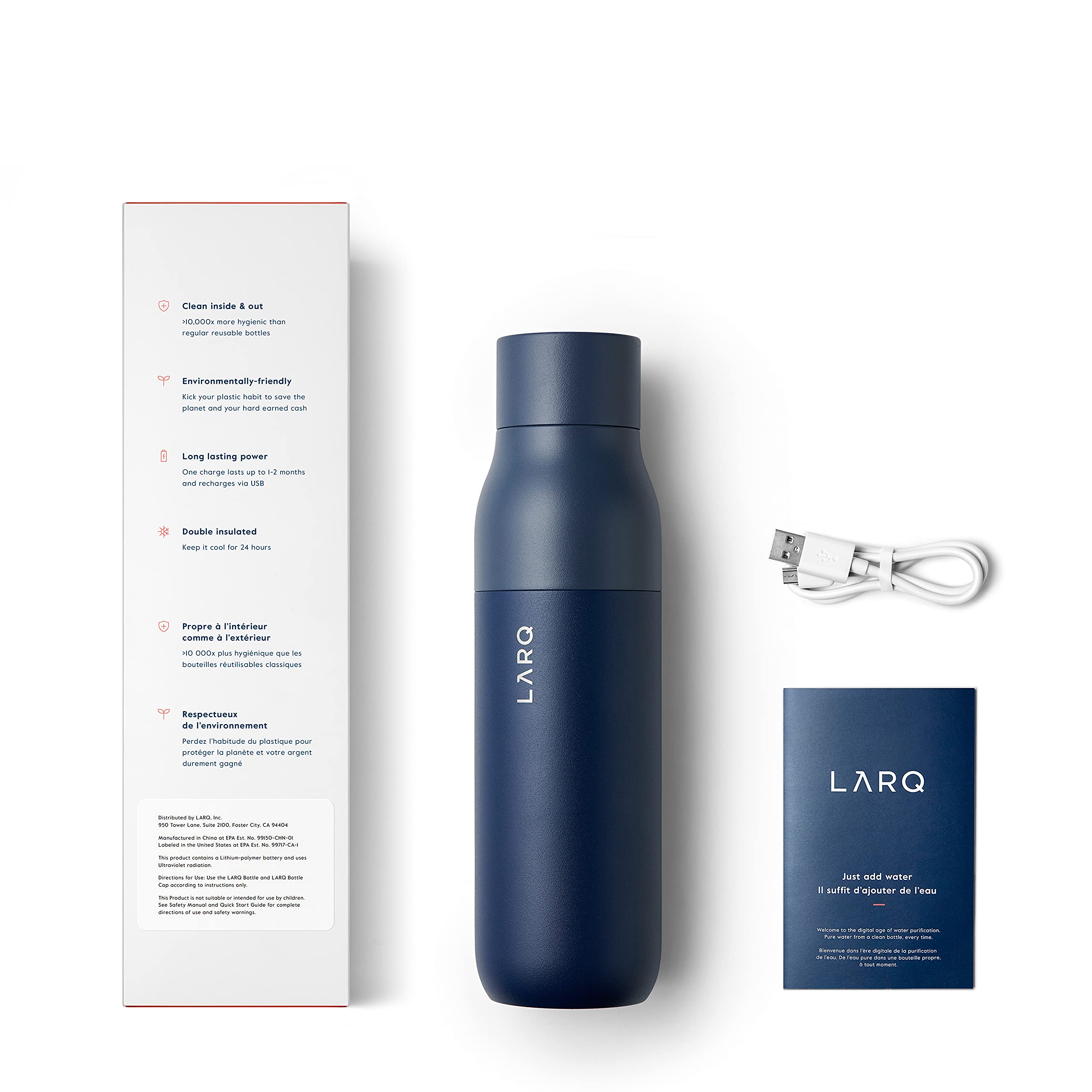 LARQ PureVis 25 oz Self-Cleaning Insulated Stainless Steel Water Bottle with UV Water Purifier | Award-Winning Design, Reusable & Travel Friendly | Monaco Blue | Perfect for Hiking, Gym & Daily Hydration
