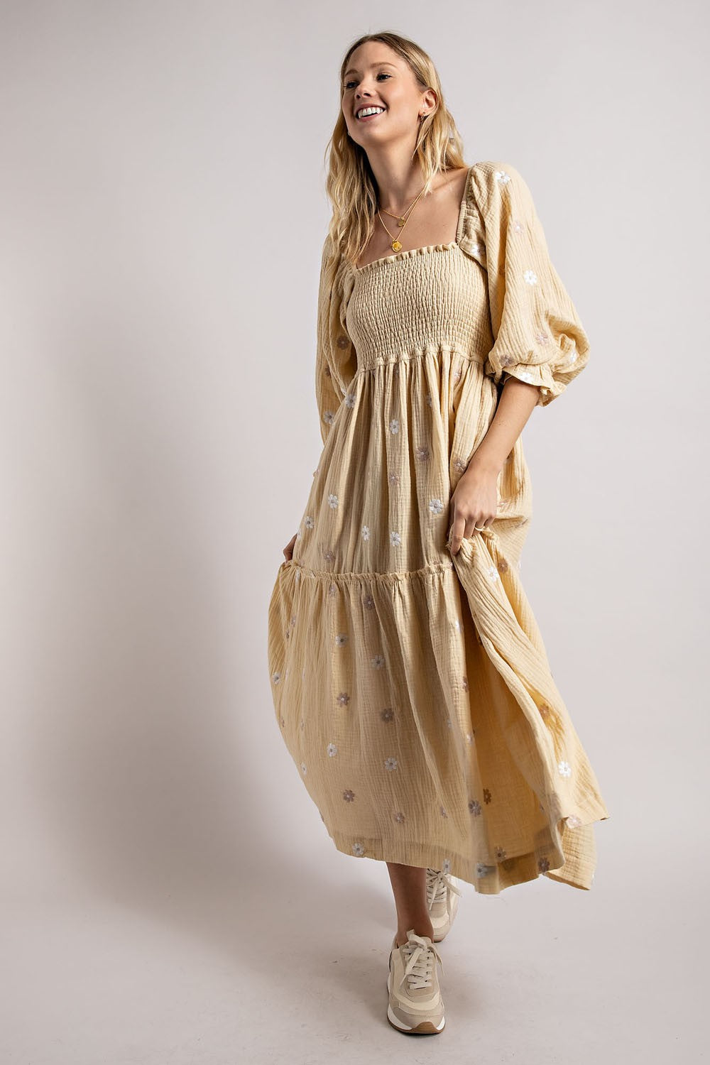 Beige Gauze Embroidery Smocking Tiered Gradient Dress for Women - Boho Summer Maxi Dress with Floral Embroidery - Perfect for Beach Vacations, Music Festivals and Date Nights