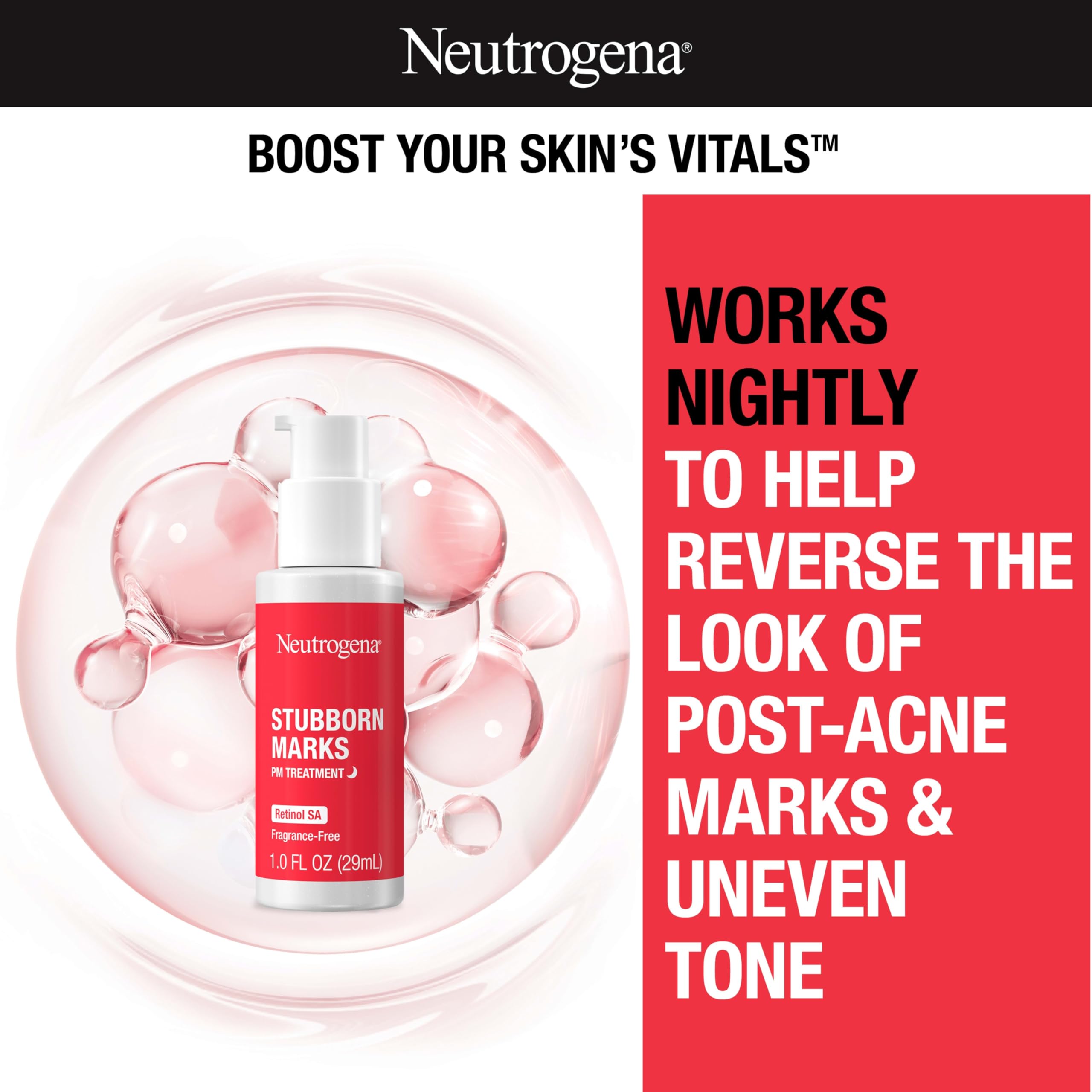 Neutrogena Retinol SA PM Treatment for Stubborn Acne Marks & Uneven Skin Tone | Exfoliating Facial Serum to Reduce Post-Acne Scars | Non-Comedogenic, Fragrance-Free, 1.0 Fl Oz | Nighttime Skincare Routine for Clear, Smooth Skin