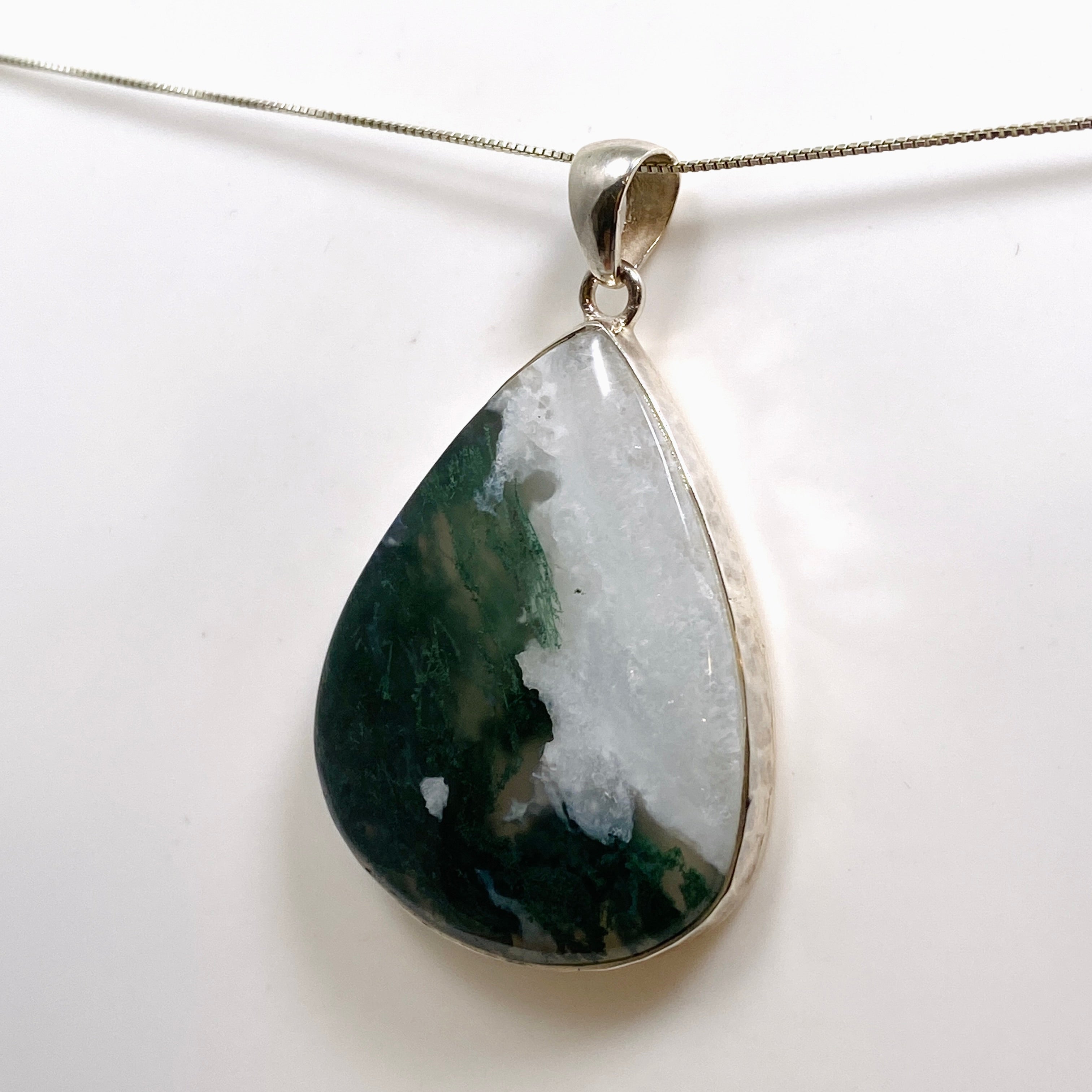 Natural Moss Agate Teardrop Cabochon Pendant in Handcrafted Hammered Sterling Silver Setting KPGJ4709 - Perfect for Boho Jewelry, Healing Crystal Necklaces & Spiritual Gifts