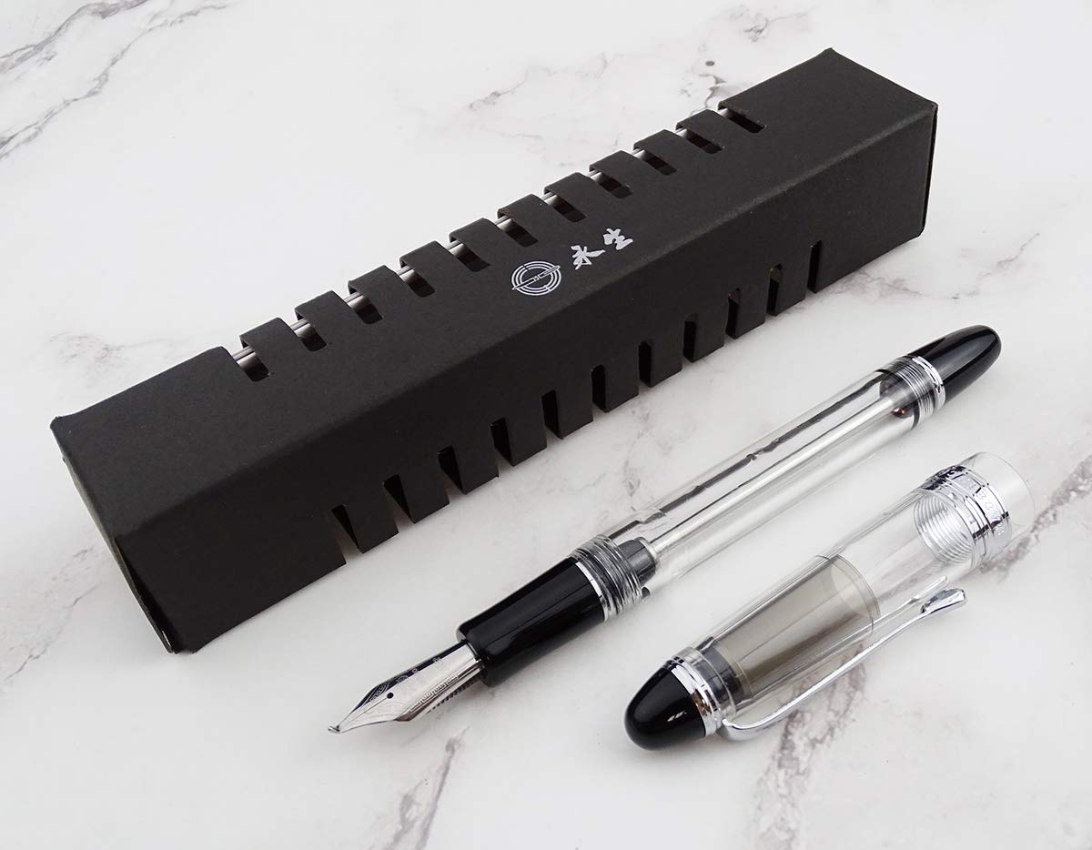 Lanxivi Yongsheng 699 Fountain Pen with Bent Nib (Fude Style) - Fine to Broad Line Variation, Vacuum Filling System, Transparent Clear Acrylic Body - Perfect for Calligraphy, Sketching & Artistic Writing