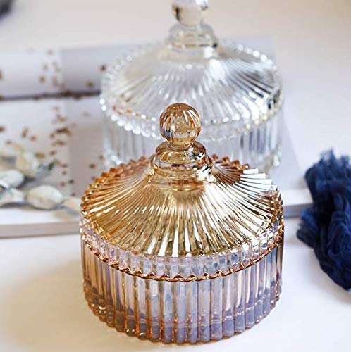 10oz Amber Glass Candy Dish with Lid - Decorative Crystal Covered Candy Jar, Apothecary Jar for Wedding Buffet, Home & Office Desk Decor - Perfect for Parties, Gifts & Candy Storage (300ml Capacity)