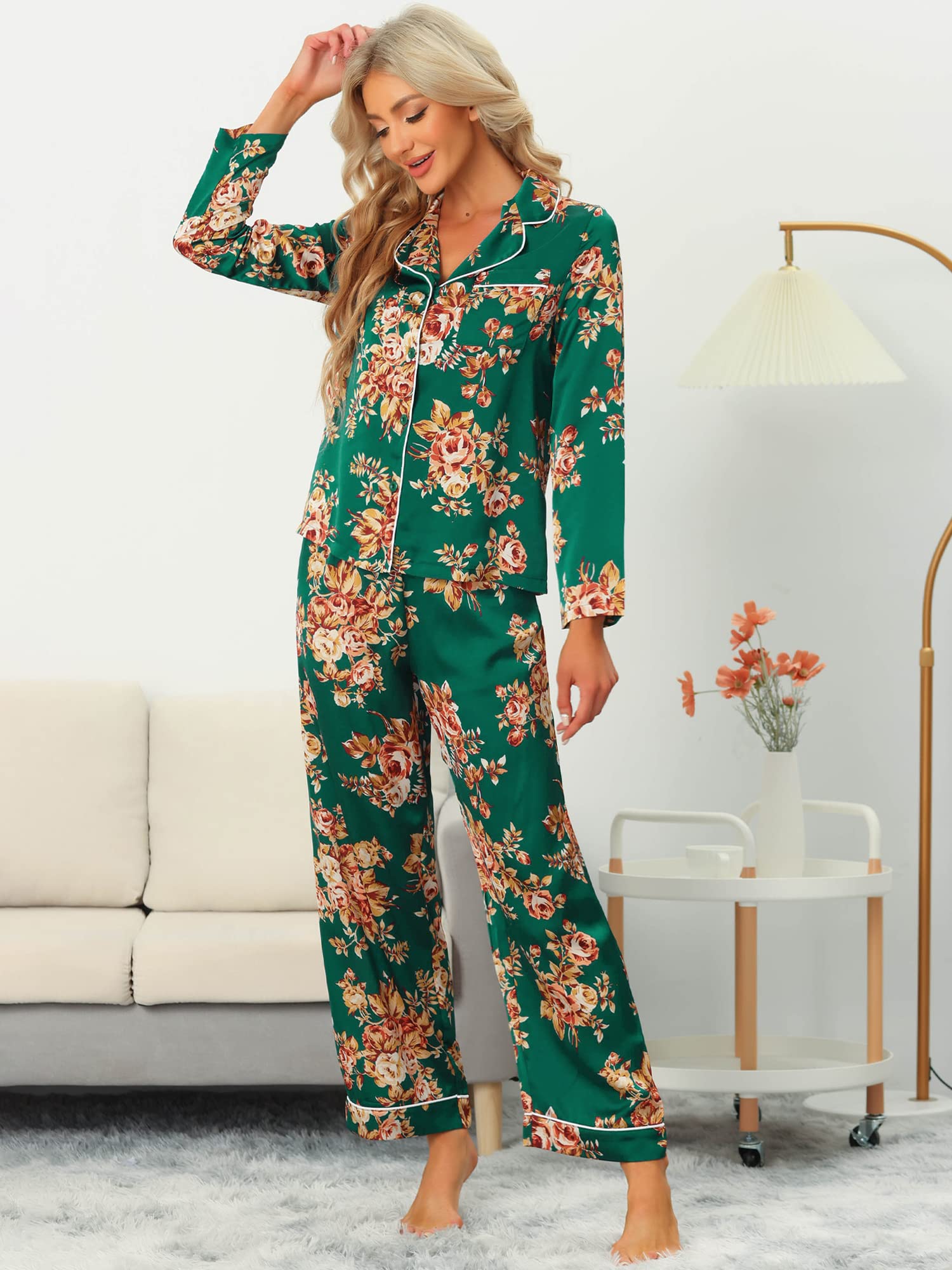 Cheibear Women's Satin Pajama Set - Long Sleeve Button Down Top & Pants Floral Sleepwear - Comfortable Lounge Wear for Nighttime Relaxation & Home Lounging