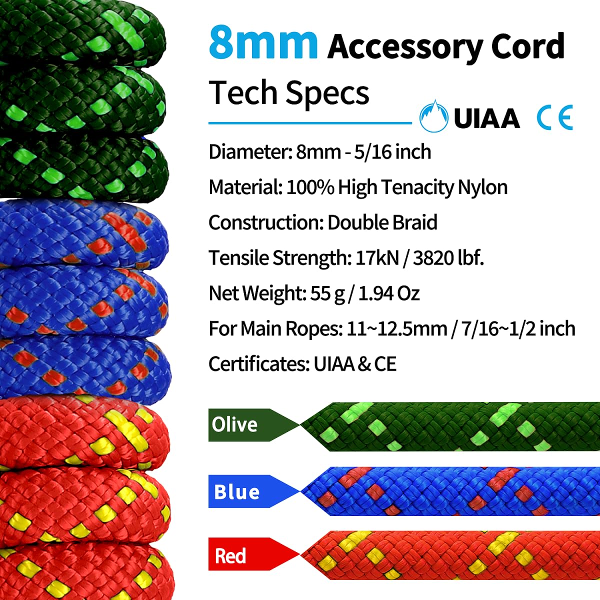 8mm (5/16in) Prusik Climbing Rope - 10M (32ft) CE/UIAA Certified Double Braid Nylon Cord - High Tensile Strength for Rock Climbing, Mountaineering, Tree Climbing & Caving - Perfect for Outdoor Adventures, Emergency Rescue & Survival Gear