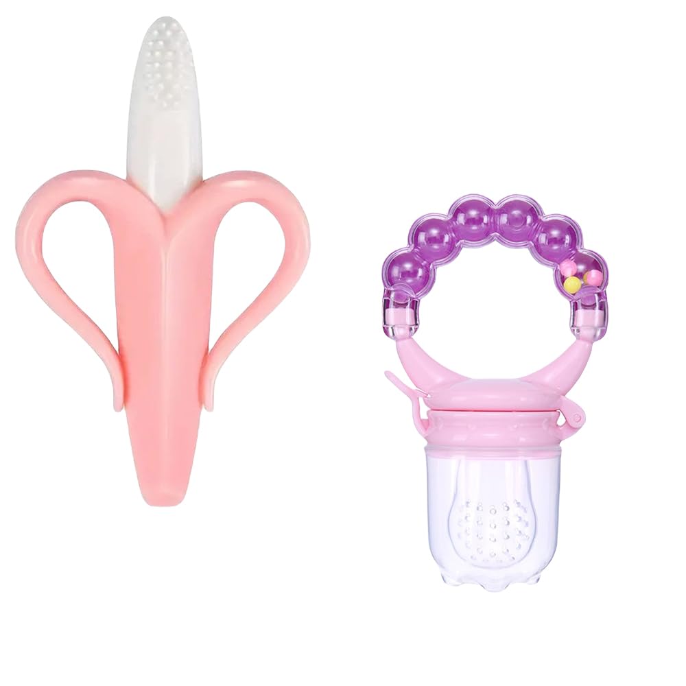 Kritiu Banana-Shaped Baby Teething Brush & Rattle Nibbler Set - Soft Silicone Teether Toy for Infants | BPA-Free, Non-Toxic, Easy to Clean | Perfect for Soothing Sore Gums & Early Oral Development (Peach & Purple) | Ideal for Home, Travel & Daycare Use