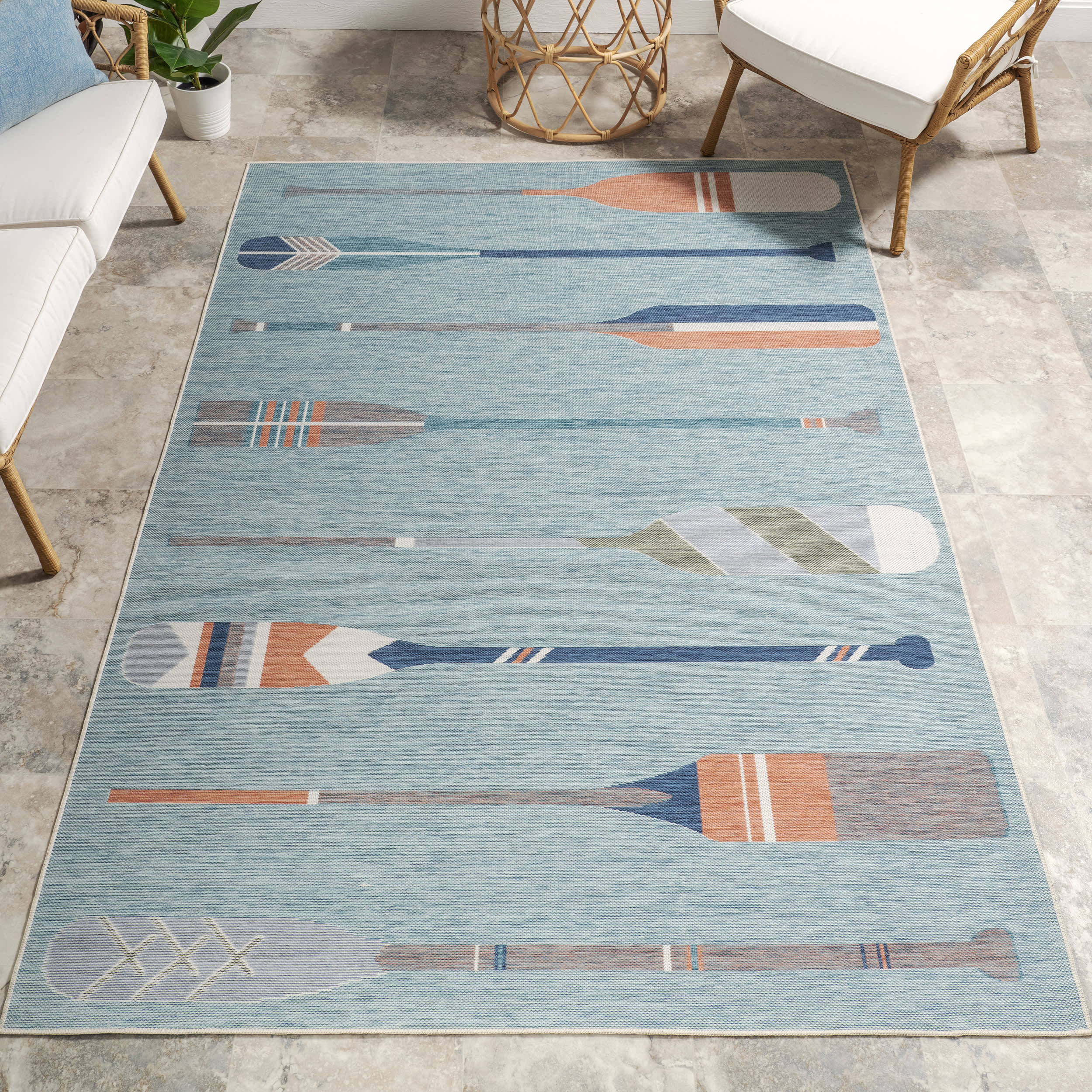 Carter Nautical Oars Indoor Outdoor Rug - Blue Striped Non-Slip Area Carpet for Living Room, Bedroom, Deck & Patio