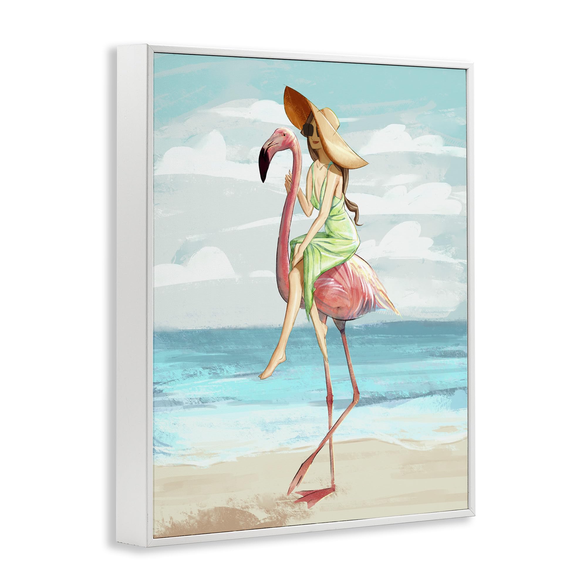Stupell Industries Tropical Beach Wall Art - Pink Flamingo with Woman Rider, White Framed Decor 24x30, Green - Perfect for Bathroom, Bedroom & Coastal Home Decor
