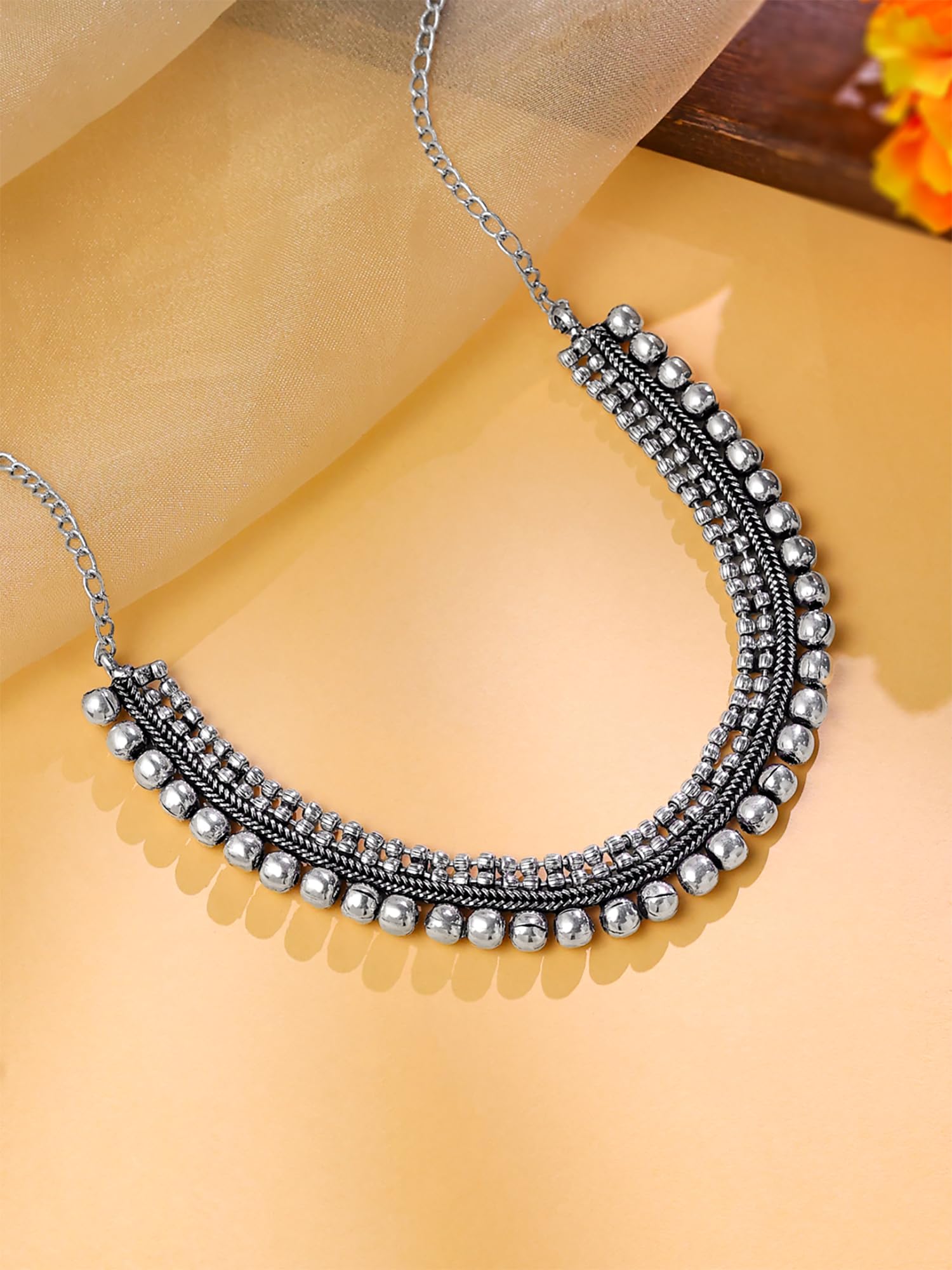 Adjustable Silver Oxidized Beaded Choker Necklace for Women & Girls - Yellow Chimes Pendant, Boho Fashion Jewelry - Perfect for Parties, Weddings & Everyday Wear