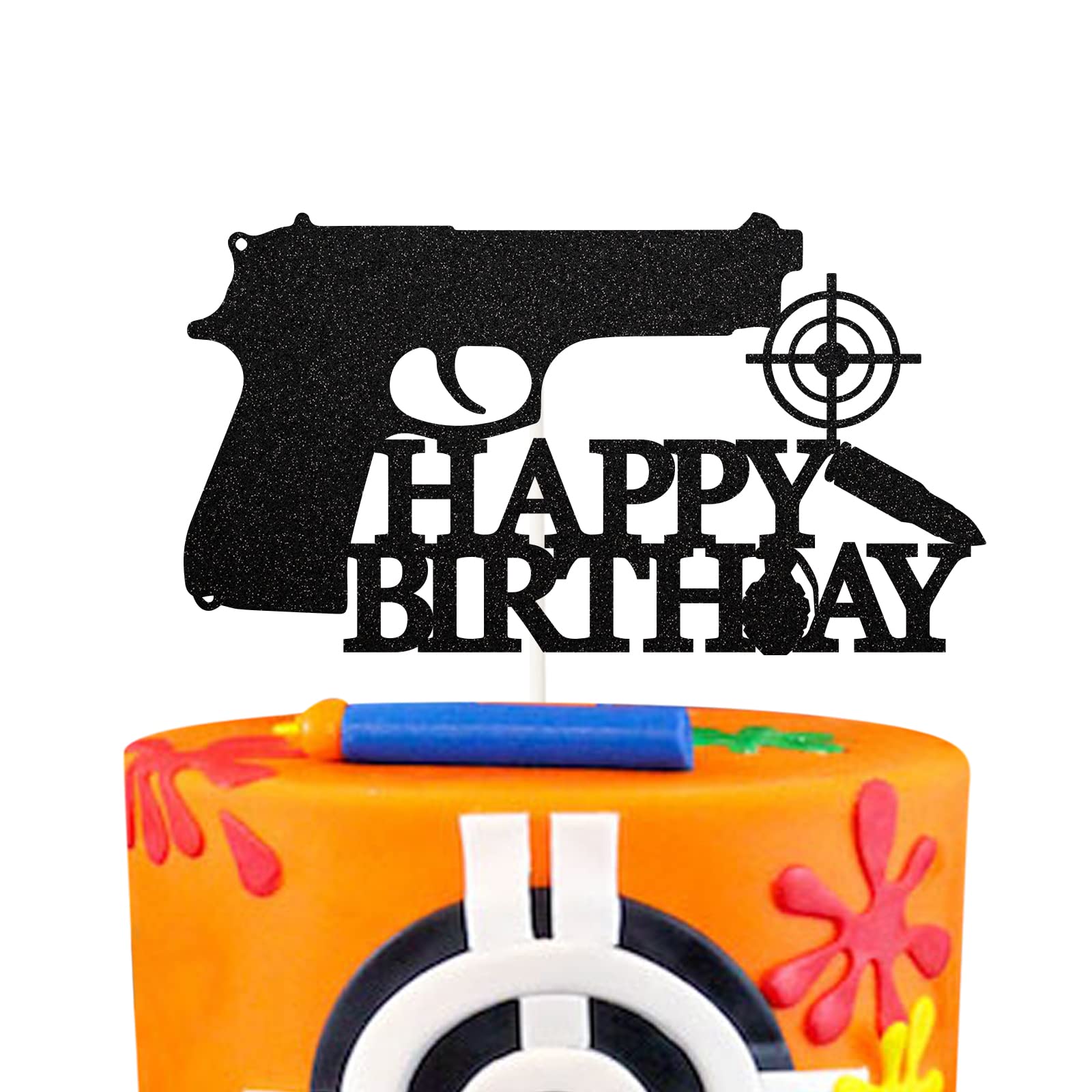 Gun Happy Birthday Cake Topper - Pistol Shaped Cake Decor for Men, Boys & Women - Black Glitter Target Sign Party Supplies | Perfect for Western, Military & Hunting Theme Birthday Celebrations