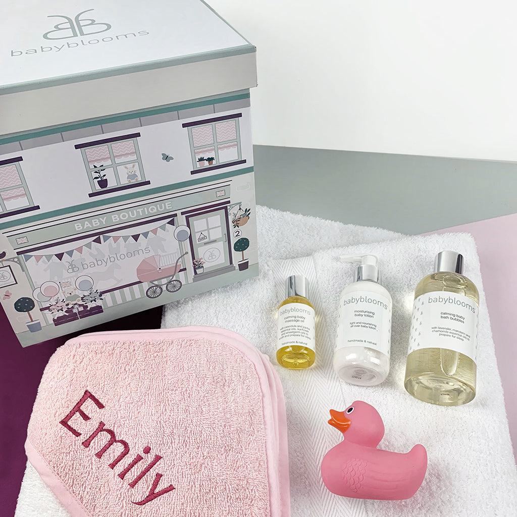 Personalized Baby Bathtime Gift Basket - Pink Baby Shower & Newborn Essentials Set for Bath Time, Spa & Nursery Decor