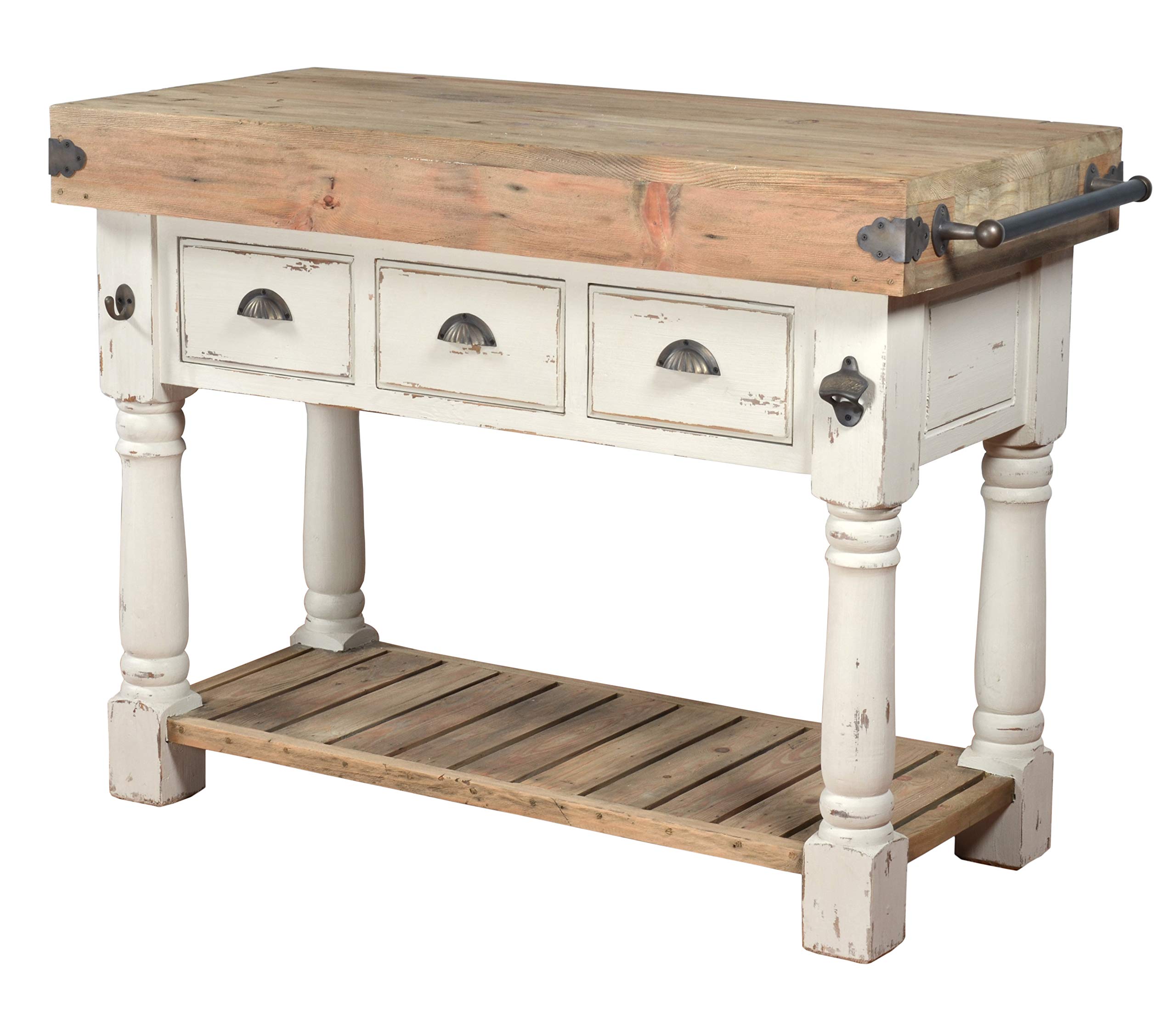 Farmhouse Island Work Console - White Chalk & Natural Wood Kitchen Table for Dining, Home Office, and Crafting