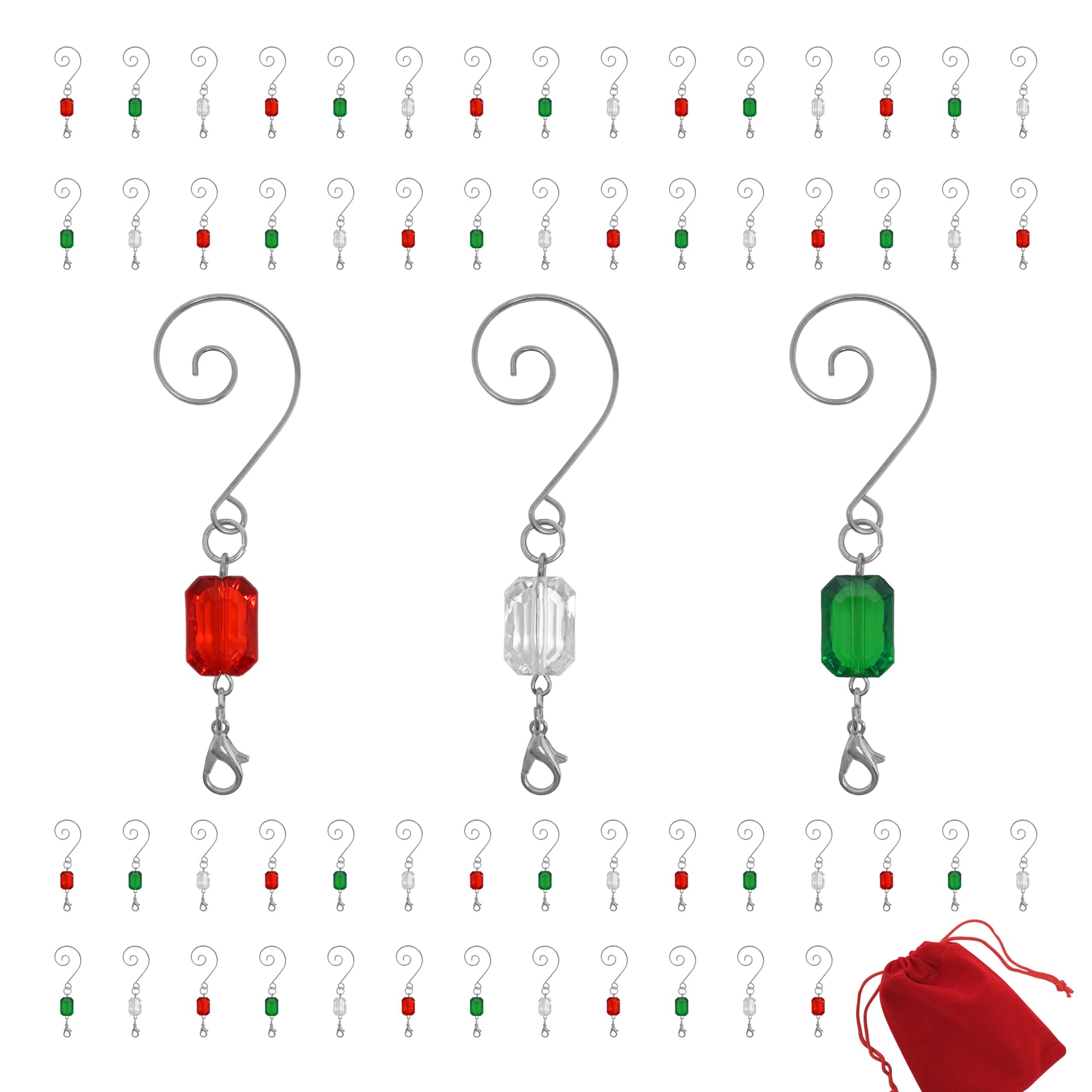 BANBERRY DESIGNS Christmas Ornament Hooks - Set of 30 (10 Red, 10 Green, 10 Clear Beaded Hangers) - Decorative Silver Wire S-Hooks with Sparkling Gems - Holiday Tree Decorations for Xmas, Party & Home Decor