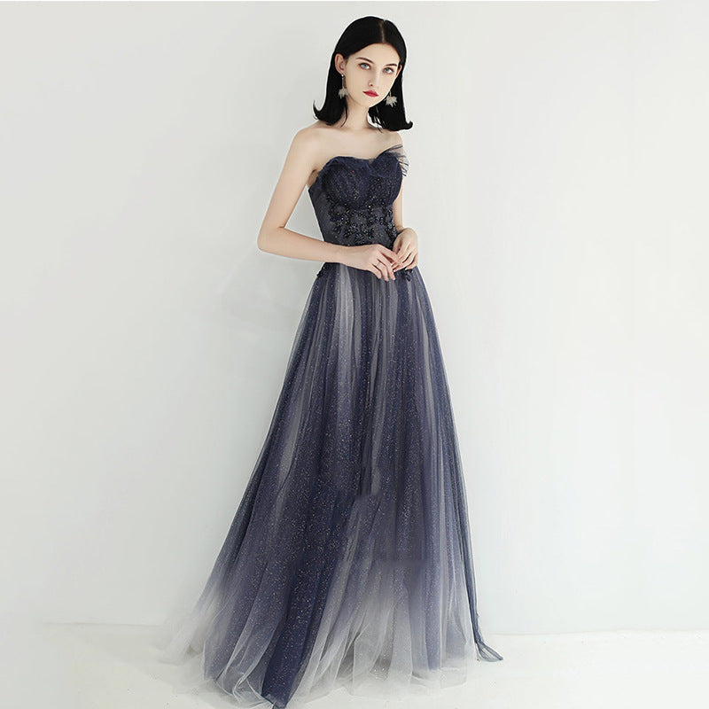 Elegant Dark Blue Strapless A-Line Prom Dress with Sparkly Beaded Details - Formal Evening Gown 636 for Homecoming, Prom Night & Special Occasions