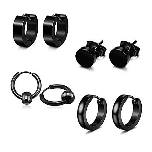 YZstyle 4 Pairs Stainless Steel Hoop Earrings Set - 18 Gauge Cartilage Earrings for Men & Women (Black/Silver) | Huggie Stud Piercing Jewelry for Everyday Wear, Parties & Gifts