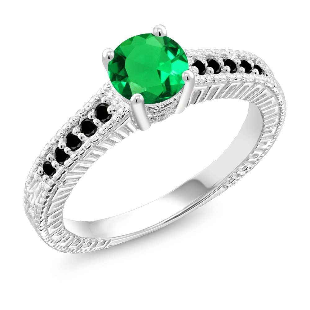 0.94 Ct Round Green Simulated Emerald & Black Diamond 925 Sterling Silver Engagement Ring for Women - Gem Stone King | Wedding, Proposal, Anniversary Gift Idea
