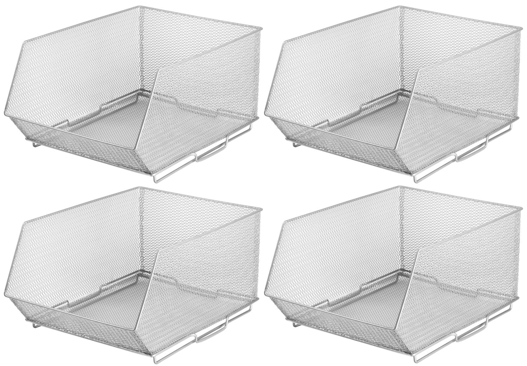 YBM HOME Large 15x11x8 Inch Silver Mesh Stacking Storage Bins - Metal Wire Basket Organizer for Kitchen Pantry, Cabinet, Shelves | Perfect for Fruits, Vegetables, Toys, Crafts & Cleaning Supplies | Space-Saving Home & Office Organization Solution (Set of 4)