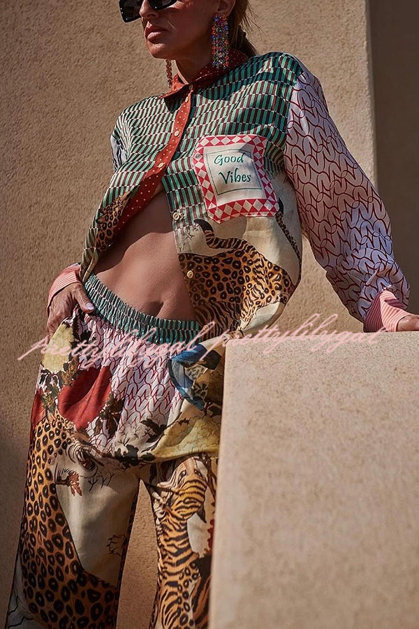 Tropical Jungle Tiger Print Long Sleeve Loose Shirt & Elastic Waist Pants Set - Stylish Animal Print Outfit for Women, Casual Wear, Vacation Outfits, and Street Fashion