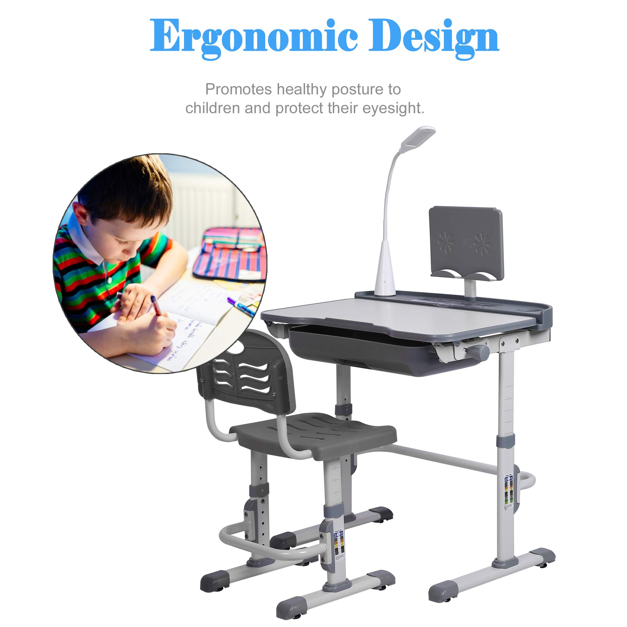 Adjustable Kids Desk and Chair Set with LED Light & Storage Drawer - Ergonomic Study Table for Children, Tilt Desktop & Book Stand - Perfect for Homework, Reading & Online Learning (Grey)