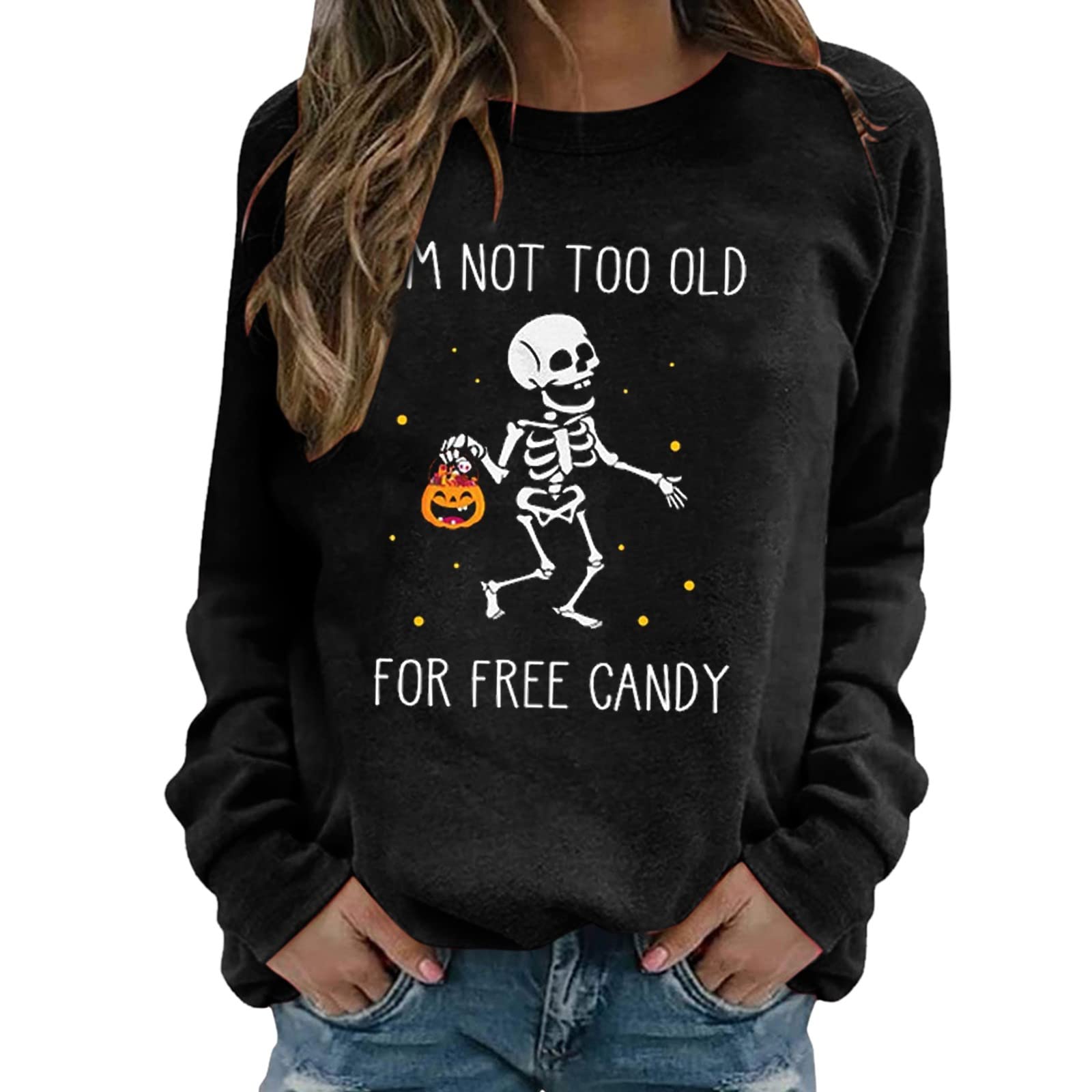 Halloween Women's Skeleton Print Long Sleeve Crewneck Pullover Sweatshirt - Casual Fall Blouse for Costume Parties & Spooky Season Outfits