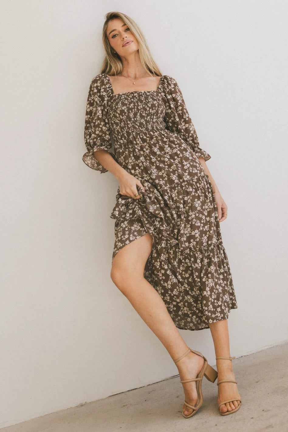 Kiran Floral Midi Dress for Women - Elegant Brown Flowy Summer Dress with V-Neck & Short Sleeves | Perfect for Beach Vacations, Garden Parties & Date Nights | FINAL SALE