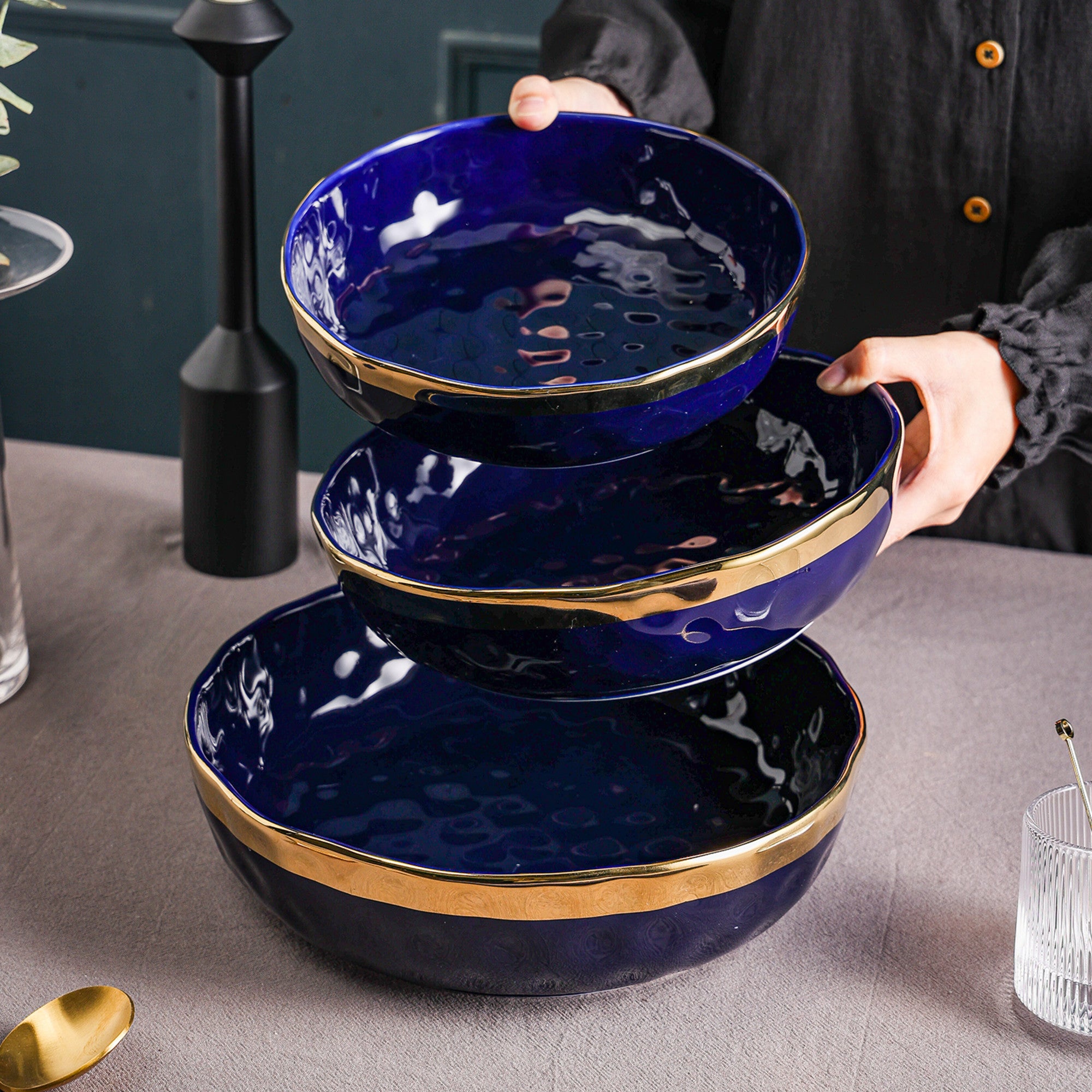 Premium Florian Porcelain Dinnerware Set - 6-Piece Blue Service Bowls for Elegant Dining & Entertaining | Perfect for Soup, Salad, Dessert & Family Gatherings