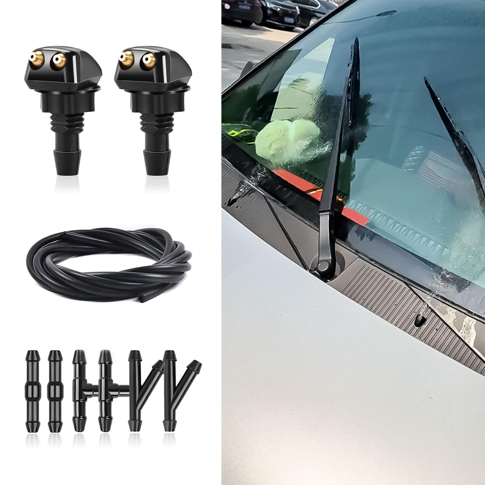 2-Pack Universal Windshield Washer Nozzles with Fluid Hose - Car Wiper Spray Nozzle Replacement Kit for Most Vehicles - Perfect for DIY Car Maintenance & Winter Driving Safety