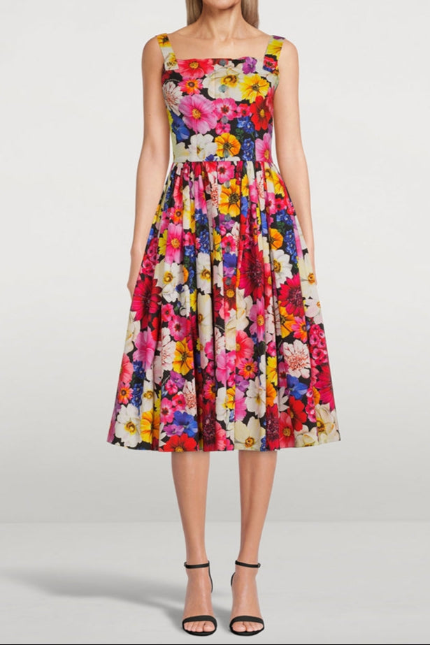 Stylish Cotton Poplin Midi Dress with Floral Garden Print - Perfect for Spring Outings & Summer Parties
