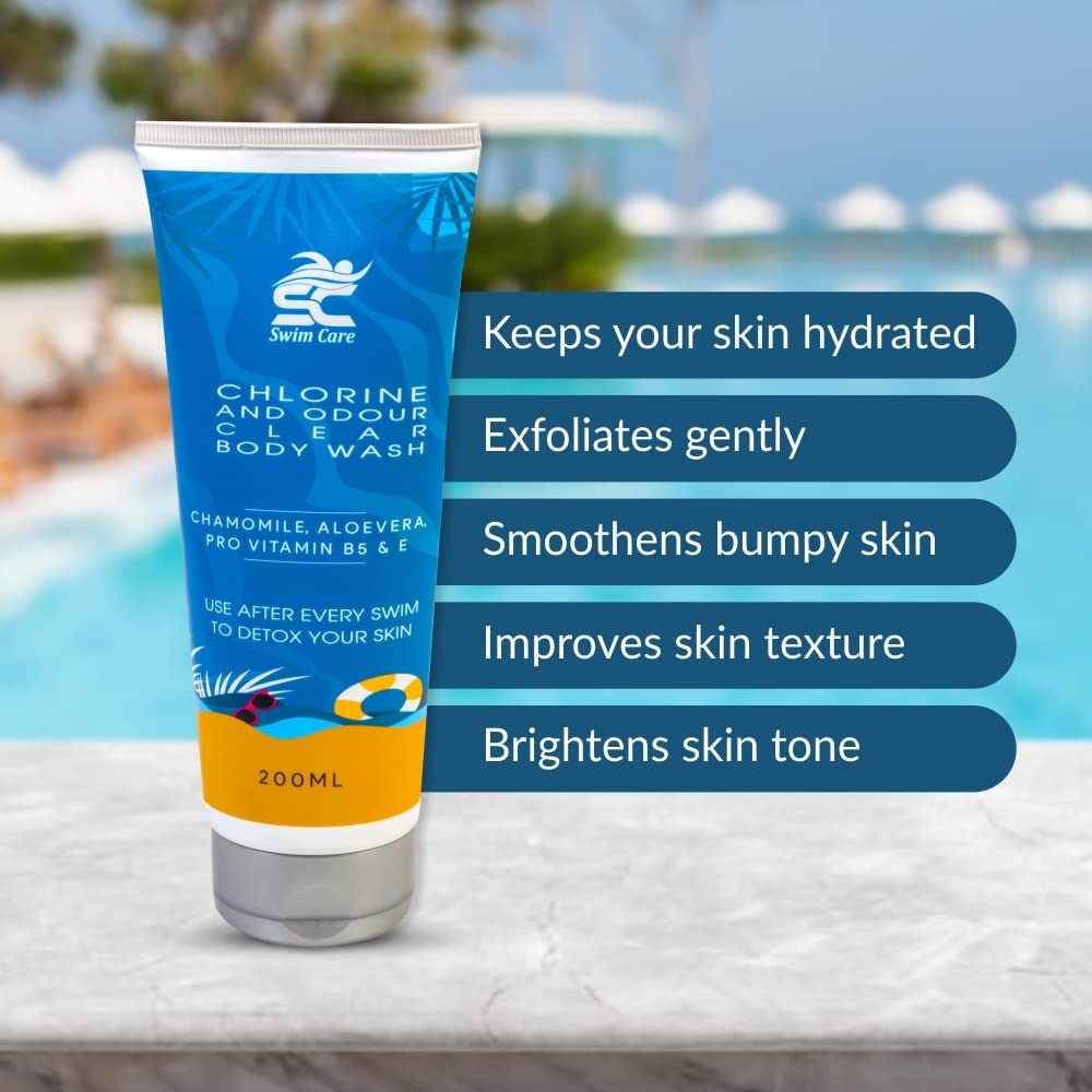 SWIMCARE Post Swimming Body Wash - Chlorine & Odour Neutralizer for Swimmers (Blue, 200ml) - Gentle Cleansing After Pool, Beach & Water Sports