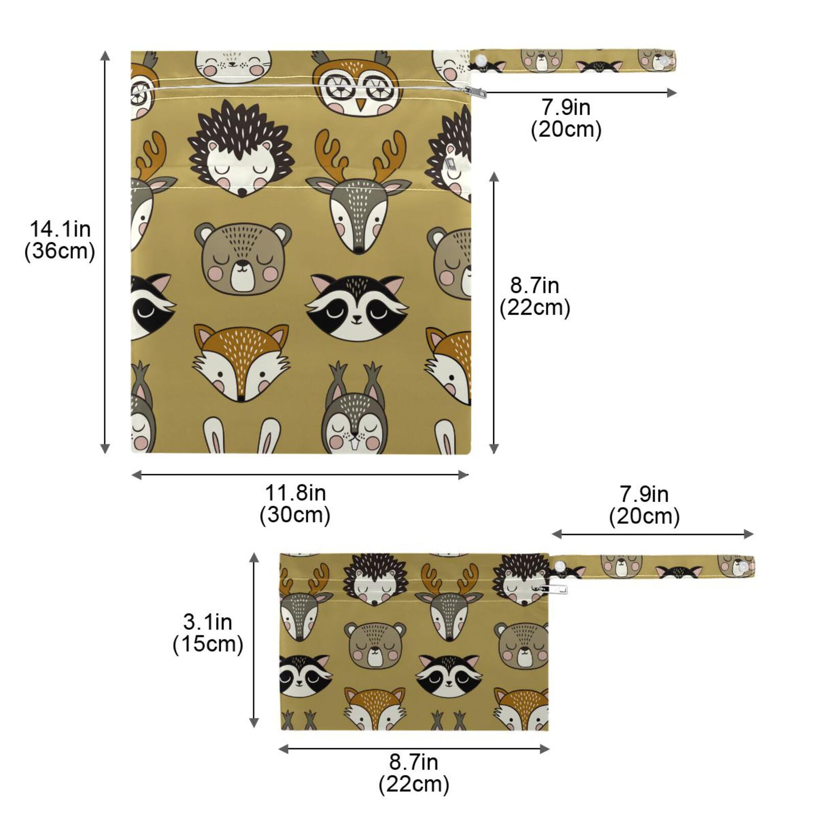 Waterproof Reusable Wet Dry Bags with Two Zippered Pockets - Cute Woodland Animals (Owl & Bear) Design - Perfect for Baby Diapers, Swimsuits & Dirty Clothes - Ideal for Travel, Beach, Pool & Gym - 2 Pack Baby Stroller Accessories & Storage Solution