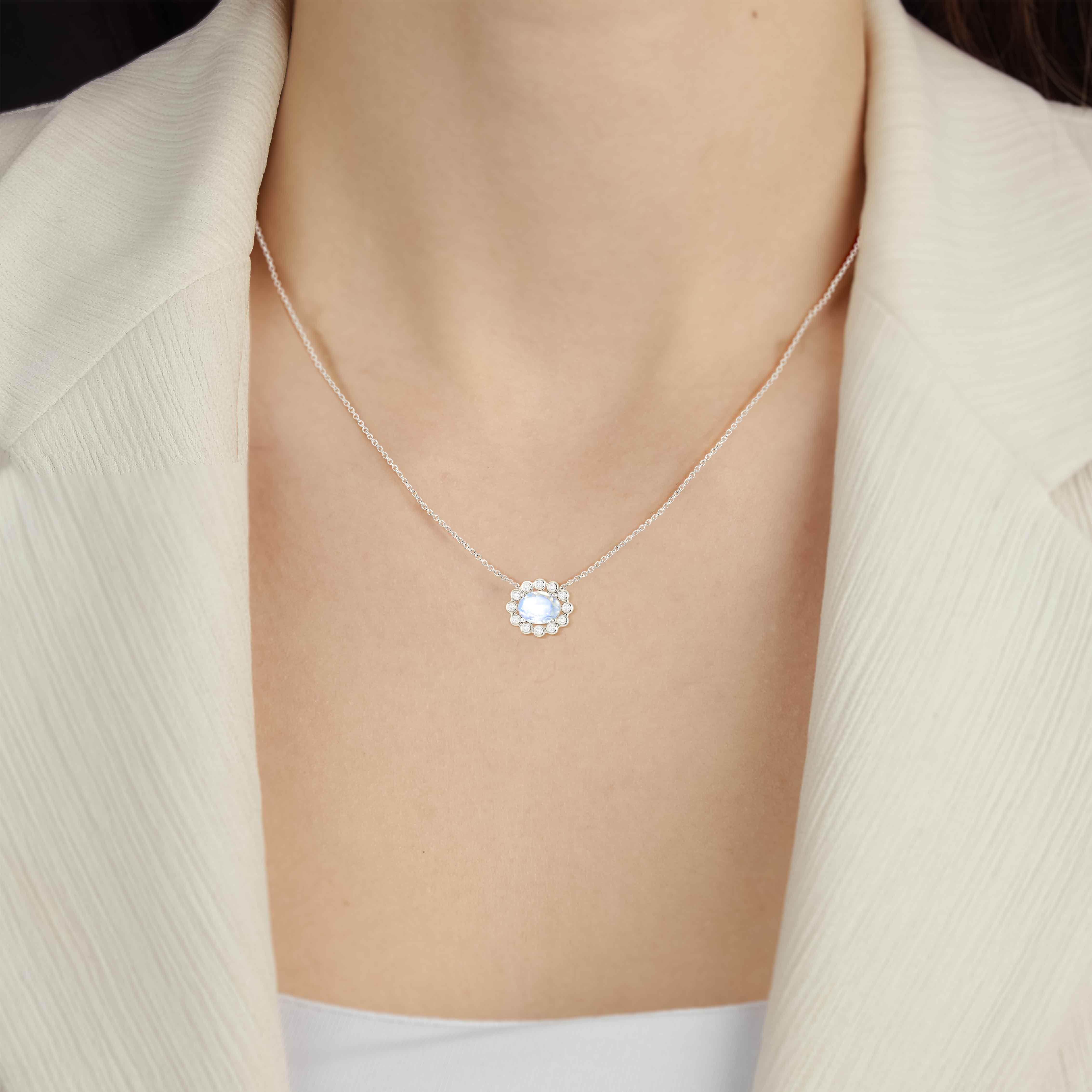 Natural Moonstone & White Zircon Halo Chain Pendant Necklace for Women - Elegant Boho Jewelry Gift for Birthday, Anniversary & Special Occasions