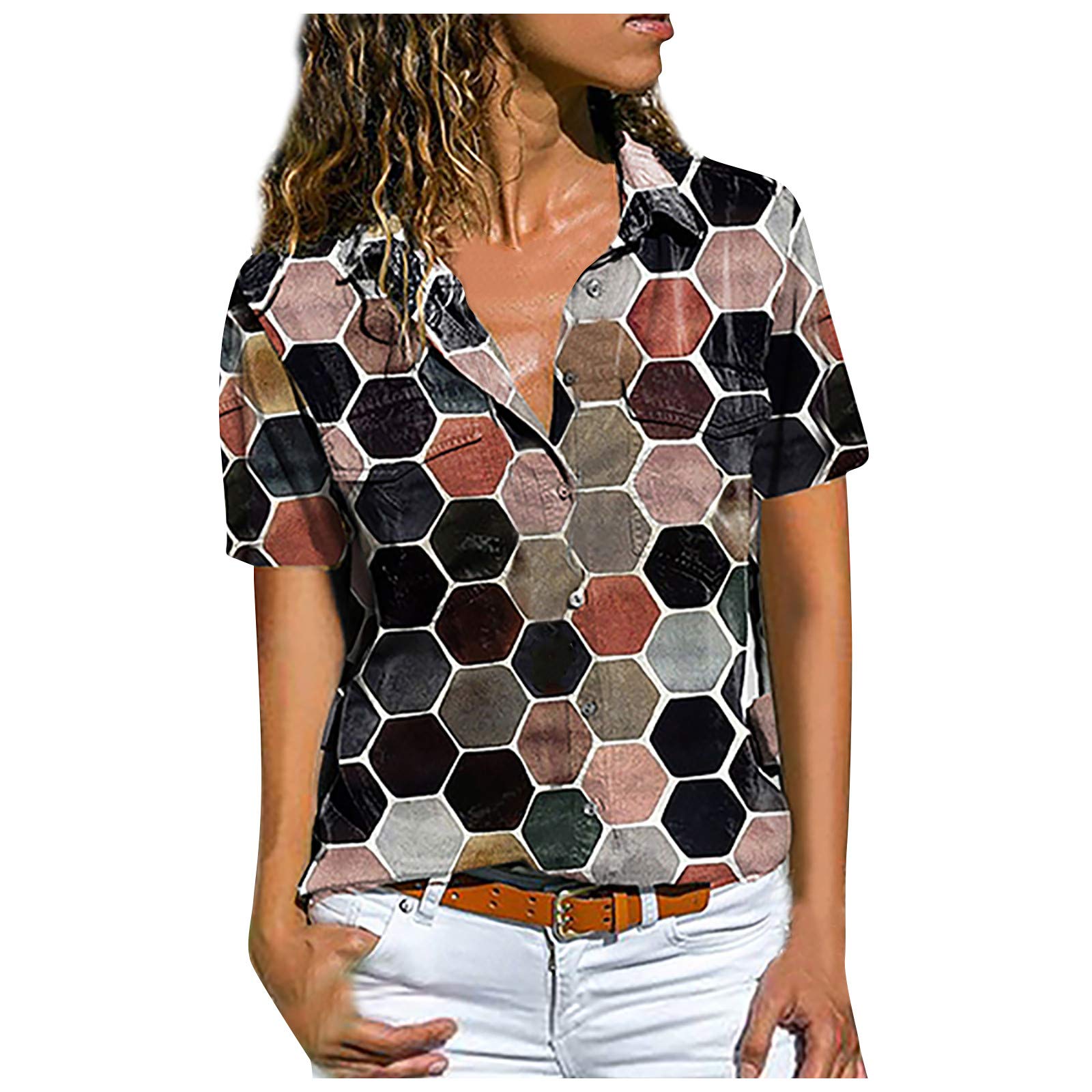 Women's Fashion Print V-Neck Button Pocket Short Sleeve Blouse - Vintage Elegant Casual Summer Tops for Work, Date & Outdoor Activities