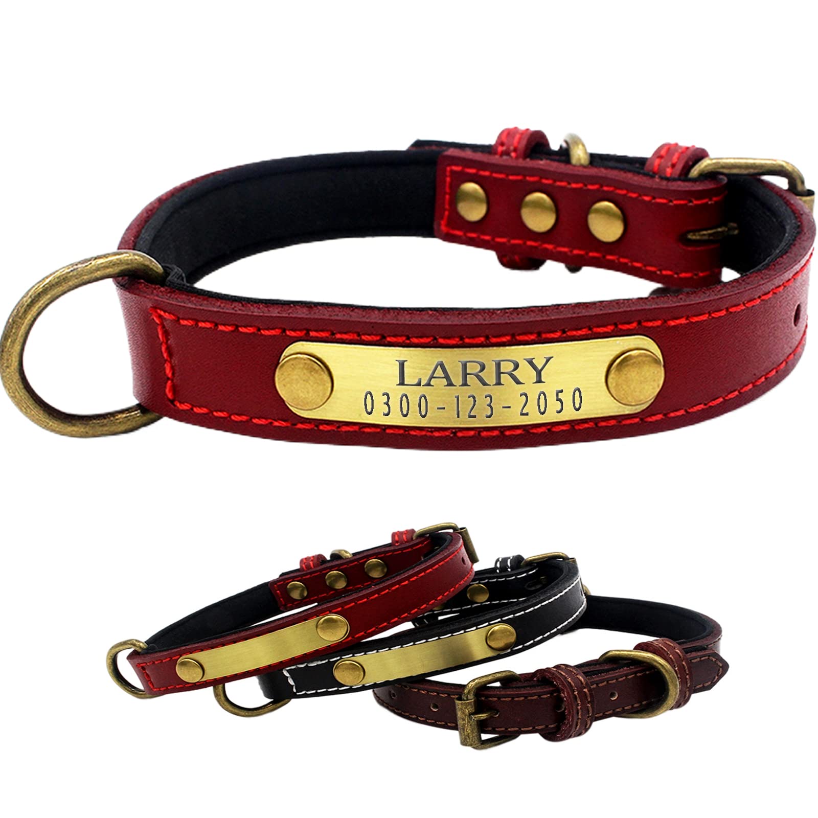 Custom Personalized Leather Dog Collar with Soft Padded Name Plate - Adjustable Heavy Duty Thick Red Pet Collar for Small Medium Large Dogs - Perfect for Daily Walks, Training & Gifts