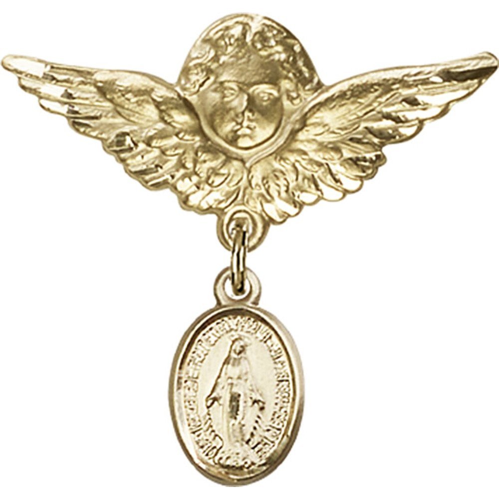 Gold Filled Baby Badge Pin with Miraculous Charm & Angel Wing Design - 1 1/8 X 1 1/8 Inch - Perfect for Christening Gifts, Baby Showers & Keepsake Jewelry
