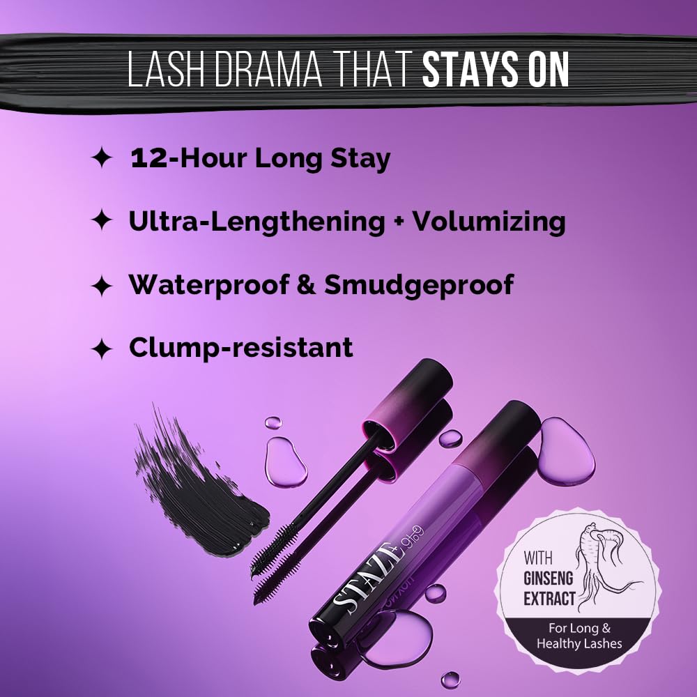 Staze 9to9 All Eyes on You Volumizing Mascara - Smudgeproof, Waterproof & Clump-Free | High Impact Black Tubing Mascara (5ml) for Day to Night Wear | Perfect for Work, Date Night & Special Occasions