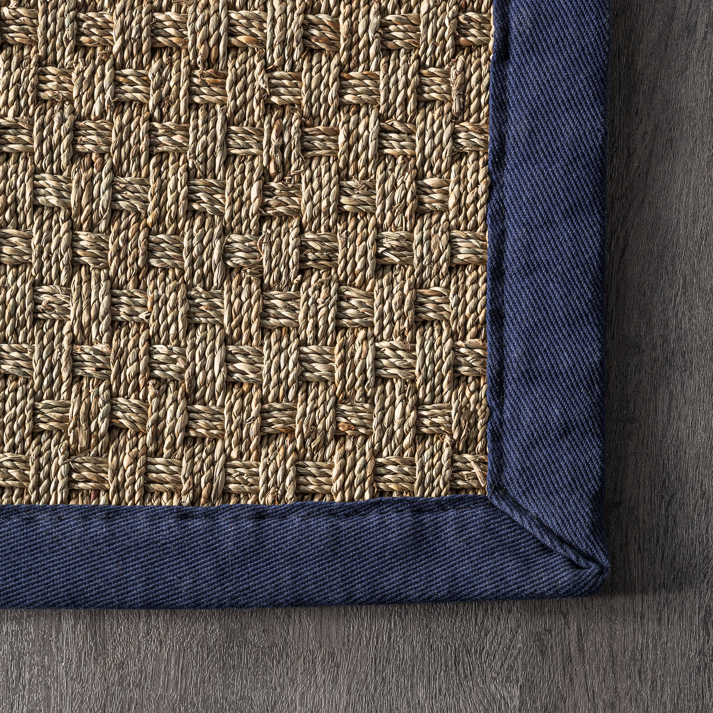 Checker Weave Seagrass Rug - Navy Blue Natural Fiber Floor Mat for Living Room, Bedroom, or Patio | Eco-Friendly & Durable Handwoven Home Decor