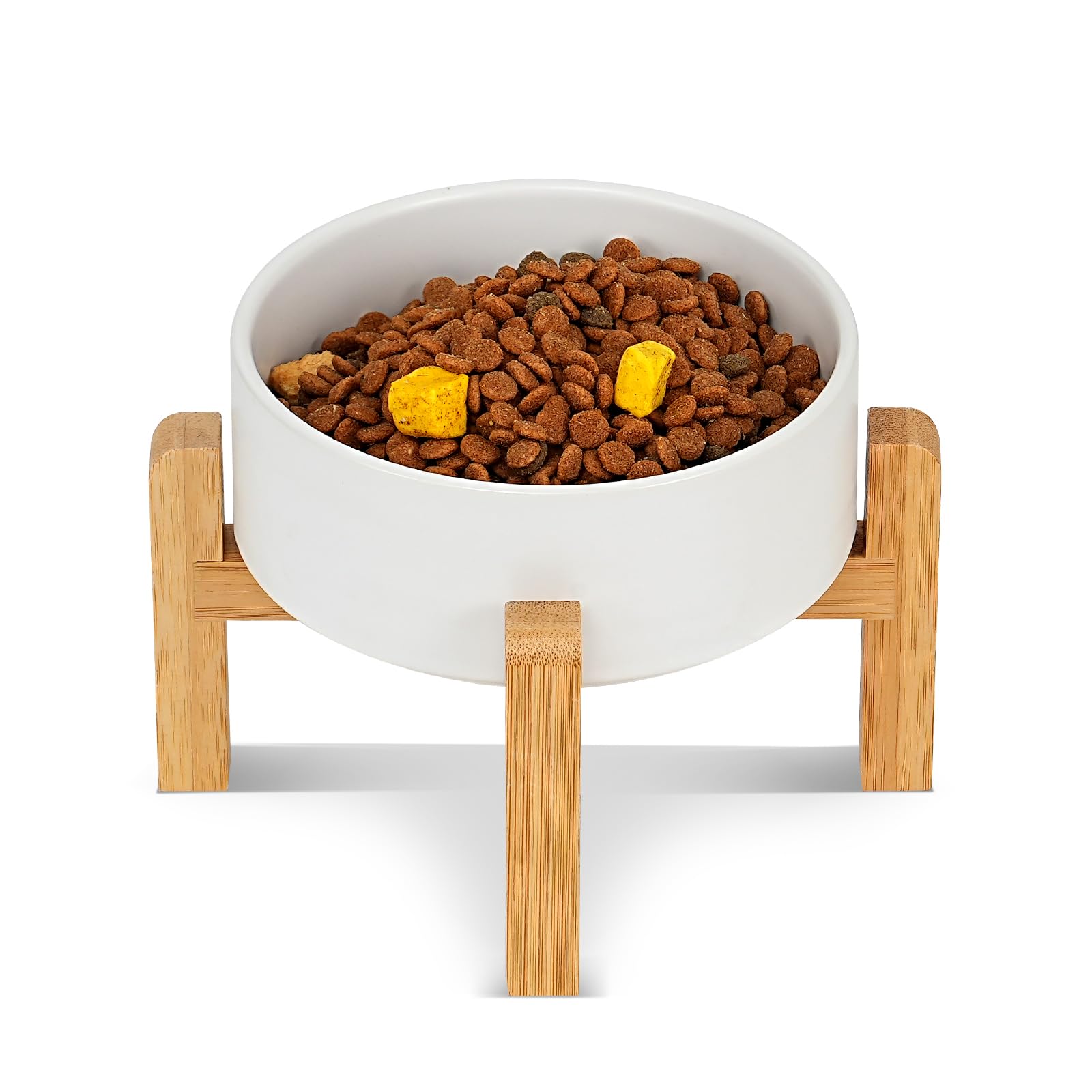 Elevated Dog Bowl with Anti-Slip Wooden Stand - Ceramic Cat Food & Water Dish for Puppies & Kittens - Modern Pet Bowl Design Prevents Vomiting & Stress - Perfect for Home, Kitchen or Pet Feeding Station
