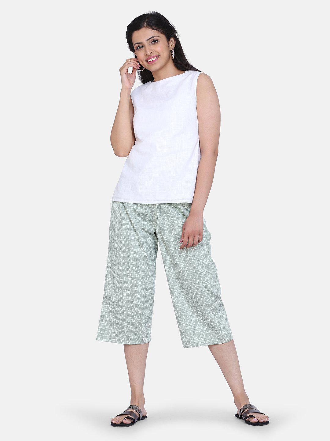 Stylish Dot Pattern Rayon Culottes in Sage Green | Comfortable & Trendy Wide-Leg Pants for Women | Perfect for Casual Outings, Office Wear & Summer Fashion
