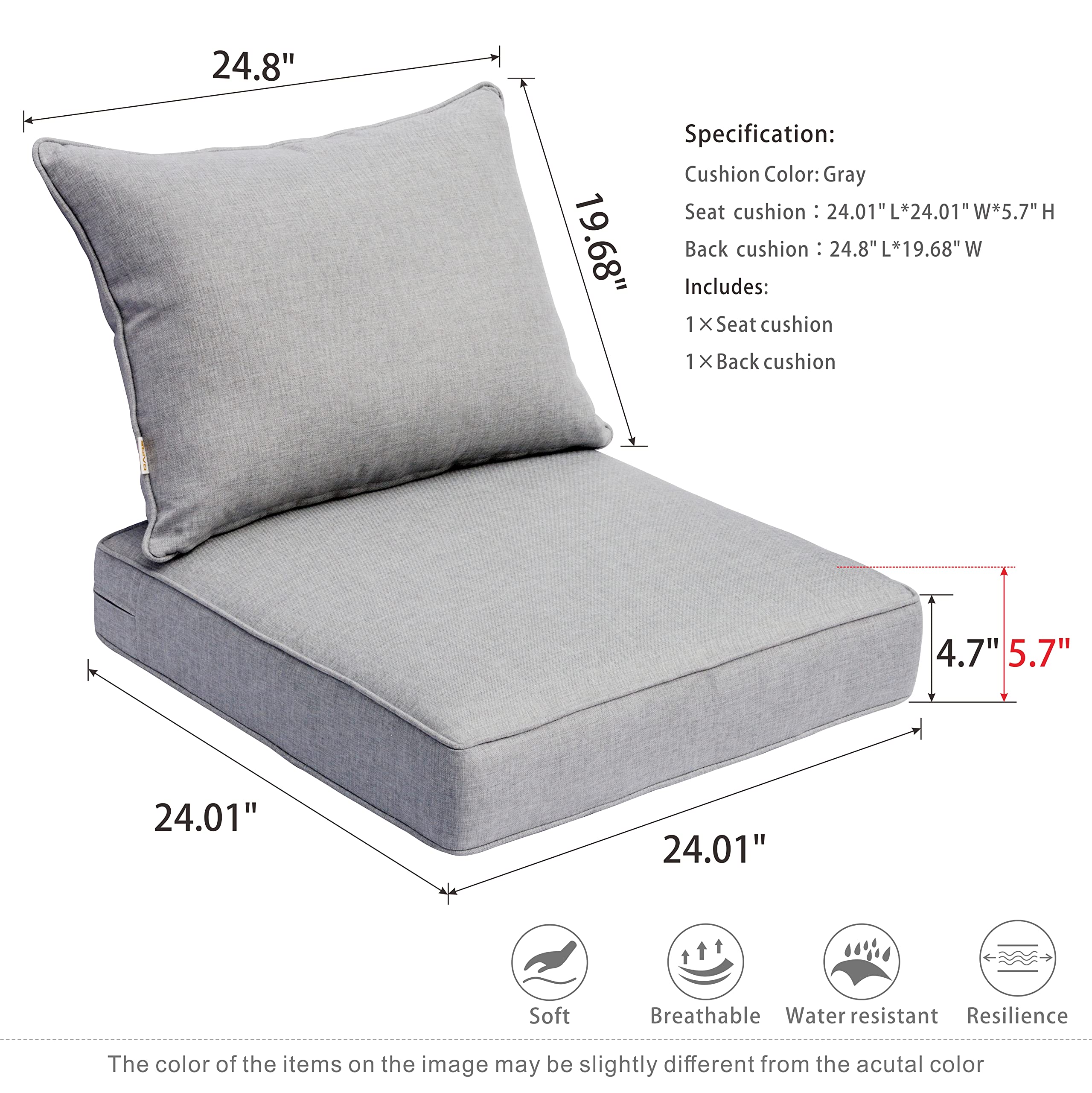 HOOOWOOO 24x24x5 Inch Thick Outdoor Chair Cushions Set - Weather Resistant Olefin Fabric with Zipper - Light Gray Patio Seat Cushions for Loveseat, Sofa & Garden Furniture - Perfect for Backyard, Deck, Poolside & Outdoor Relaxation