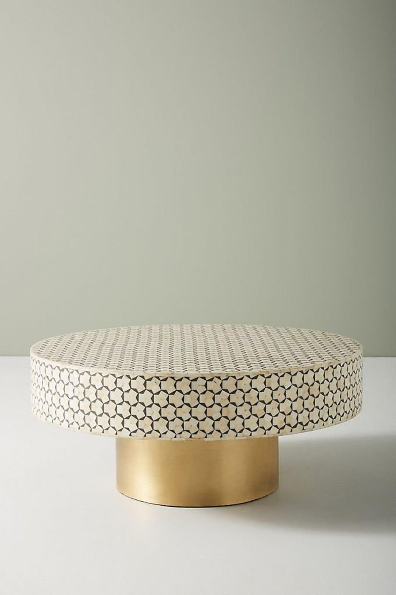 Handmade Bone Inlay Moroccan Round Coffee Table with Brass Base - Boho Chic Living Room Furniture for Home Decor, Perfect for Lounge, Salon and Office Use
