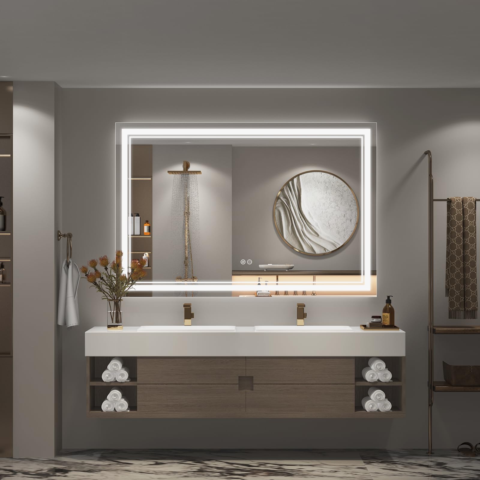 OKPAL 50x36 Inch LED Bathroom Mirror with Anti-Fog Technology - Dimmable Lighted Vanity Mirror for Makeup & Shaving - Shatterproof, ETL Certified (Horizontal/Vertical Mounting) - Perfect for Modern Bathrooms, Bedrooms & Dressing Areas
