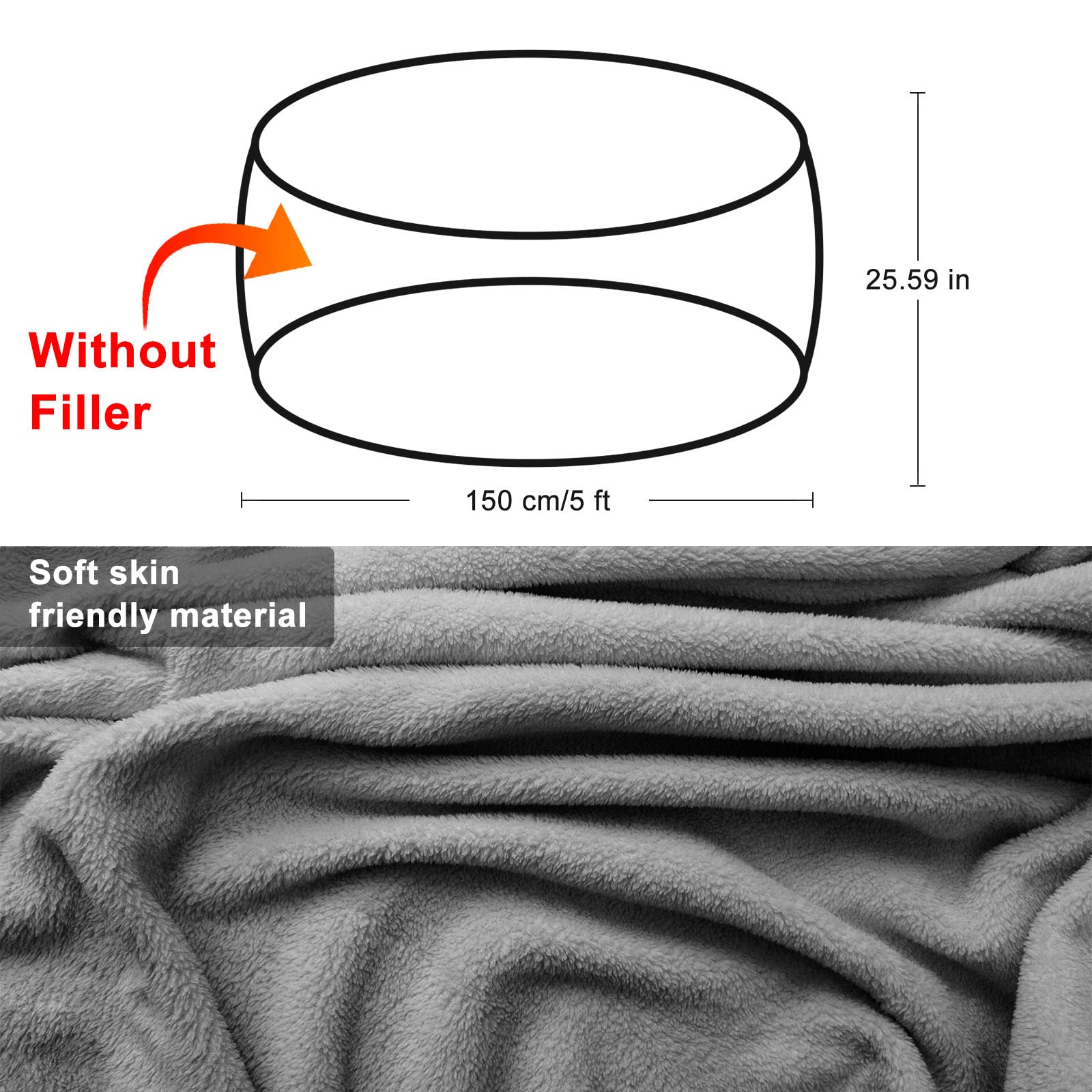 RAINBEAN 5ft Red Bean Bag Chair Cover - Soft Fluffy PV Velvet Replacement Slipcover for Round Bean Bag Chairs, Sofa Beds & Living Room Furniture - Perfect for Lounging, Gaming Rooms & Cozy Home Decor