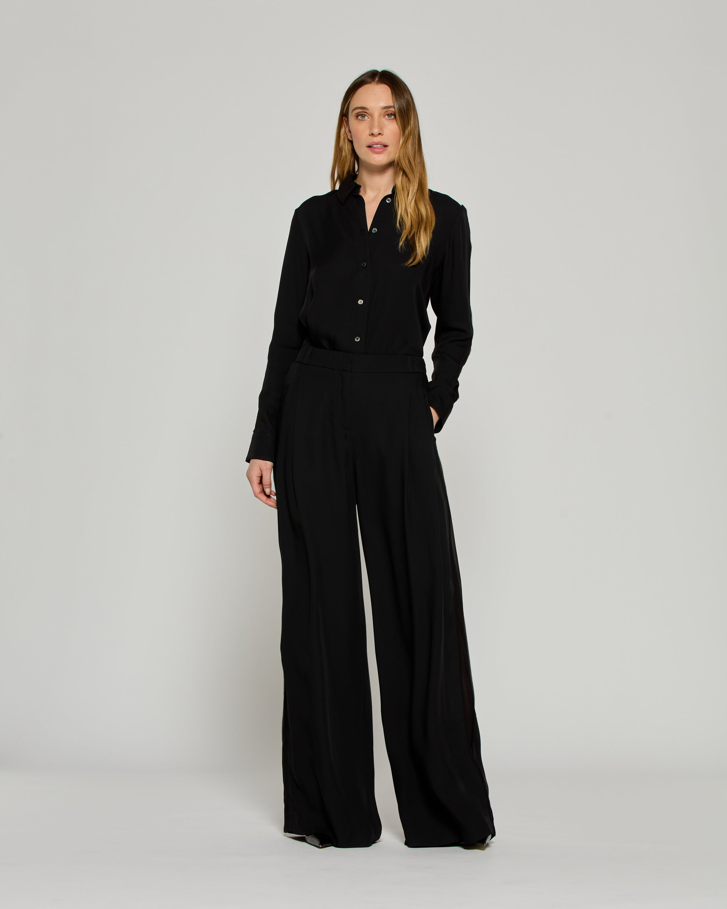 Serena Women's Elegant Black Trousers with Georgette Trim - Perfect for Office Wear & Formal Occasions
