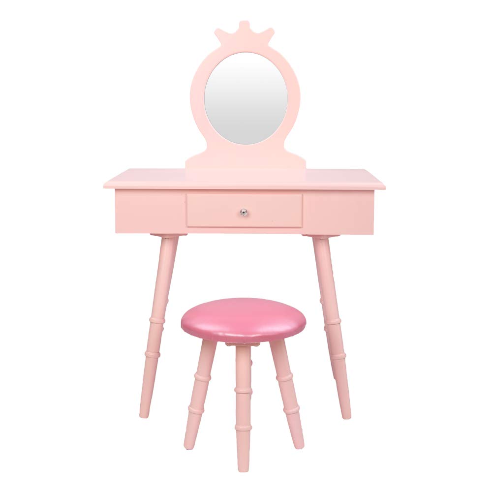 FCH Kids Pink Single Mirror Dresser with Drawer - Round Foot Nursery Furniture for Baby Room Organization & Storage