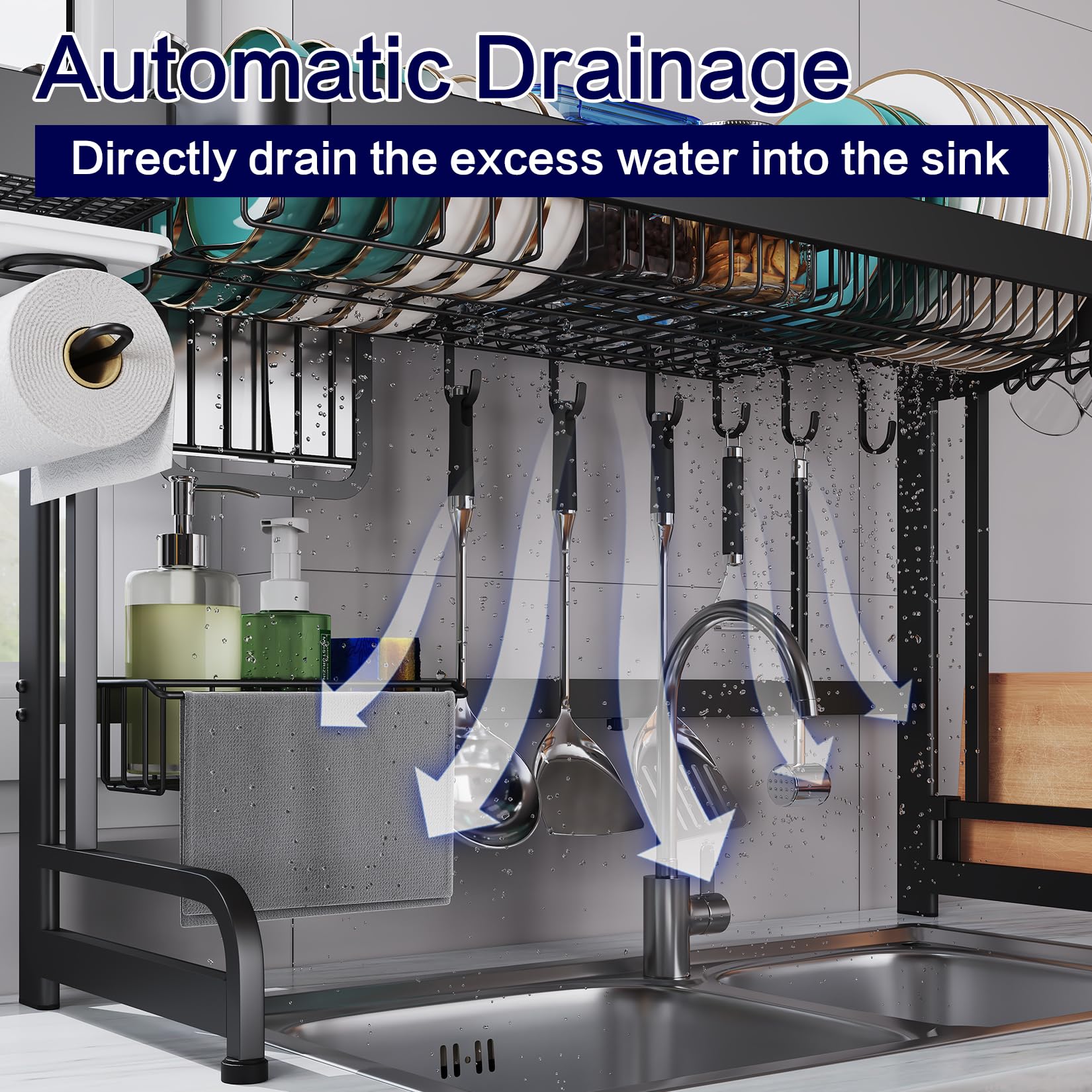 Stainless Steel Over Sink Dish Drying Rack - Adjustable Width (25.6-37.6in) Kitchen Organizer with Utensil Holder & Sponge Caddy | Space-Saving Countertop Storage for Small Kitchens & Apartments