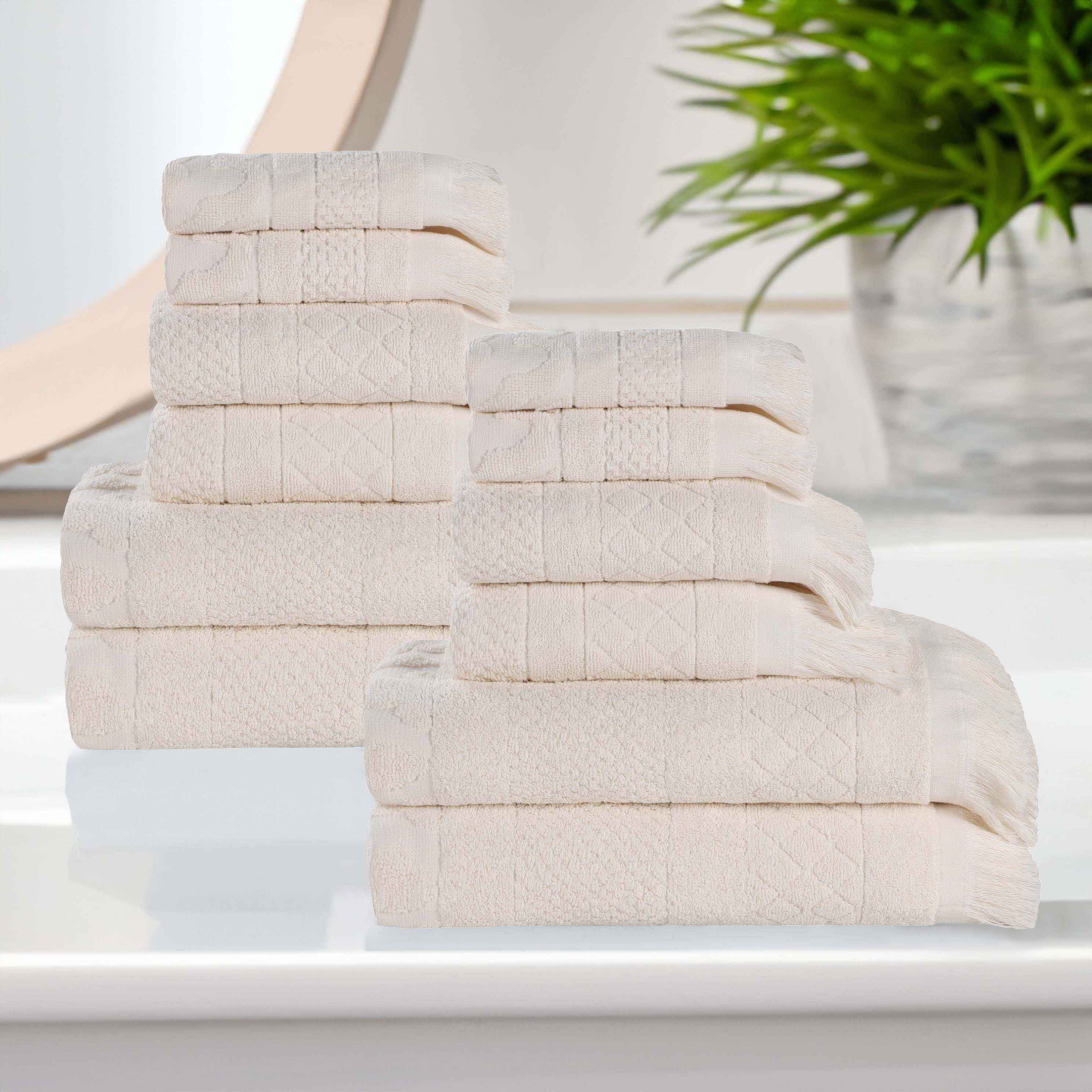 Rolla Cotton Geometric Jacquard Plush Soft Absorbent 12-Piece Bath Towel Set | Luxury Spa & Guest Bathroom Essentials