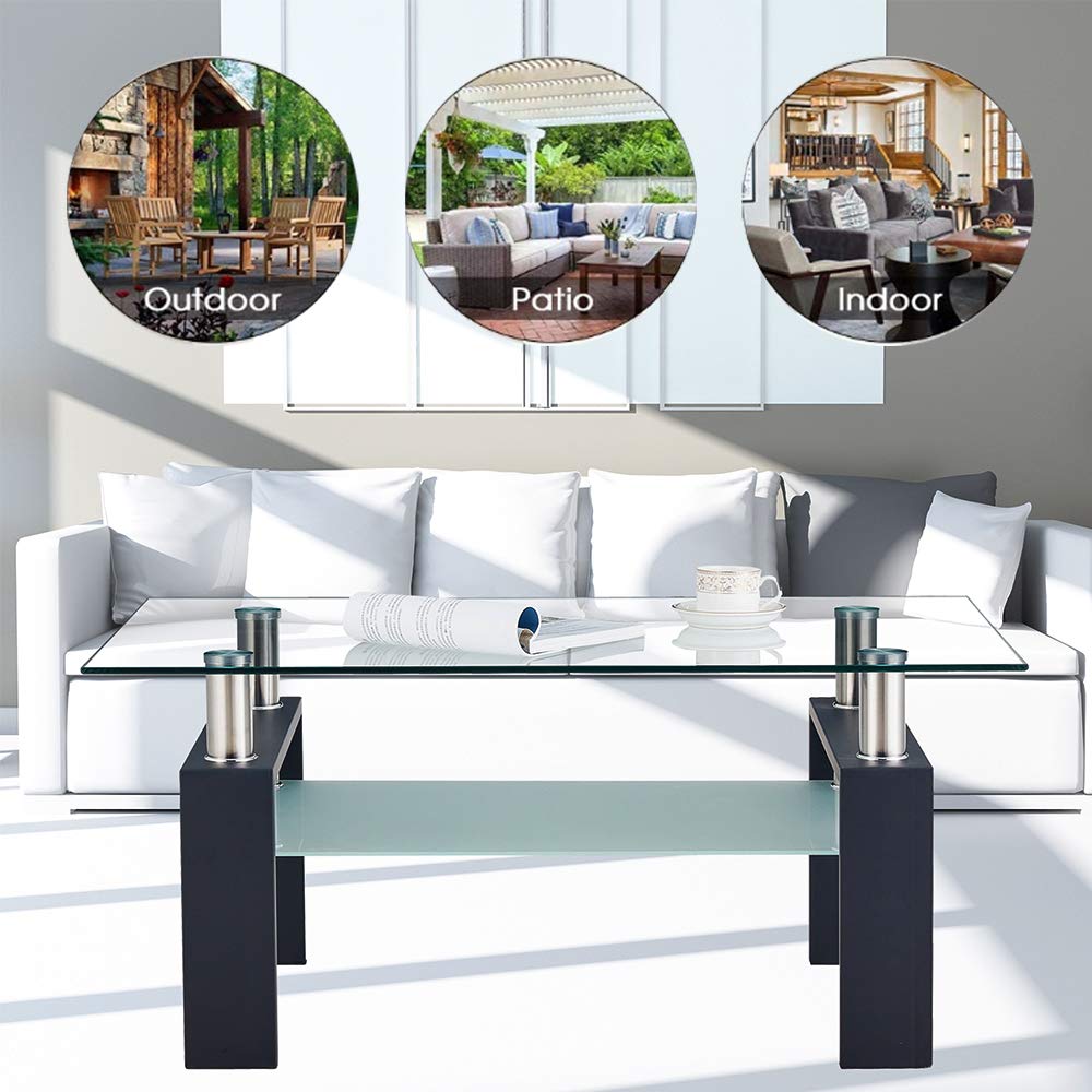 Modern Black Rectangle Glass Coffee Table with Metal Legs & Lower Shelf - Stylish Living Room Centerpiece for Home Decor, TV Lounge & Small Space Furniture