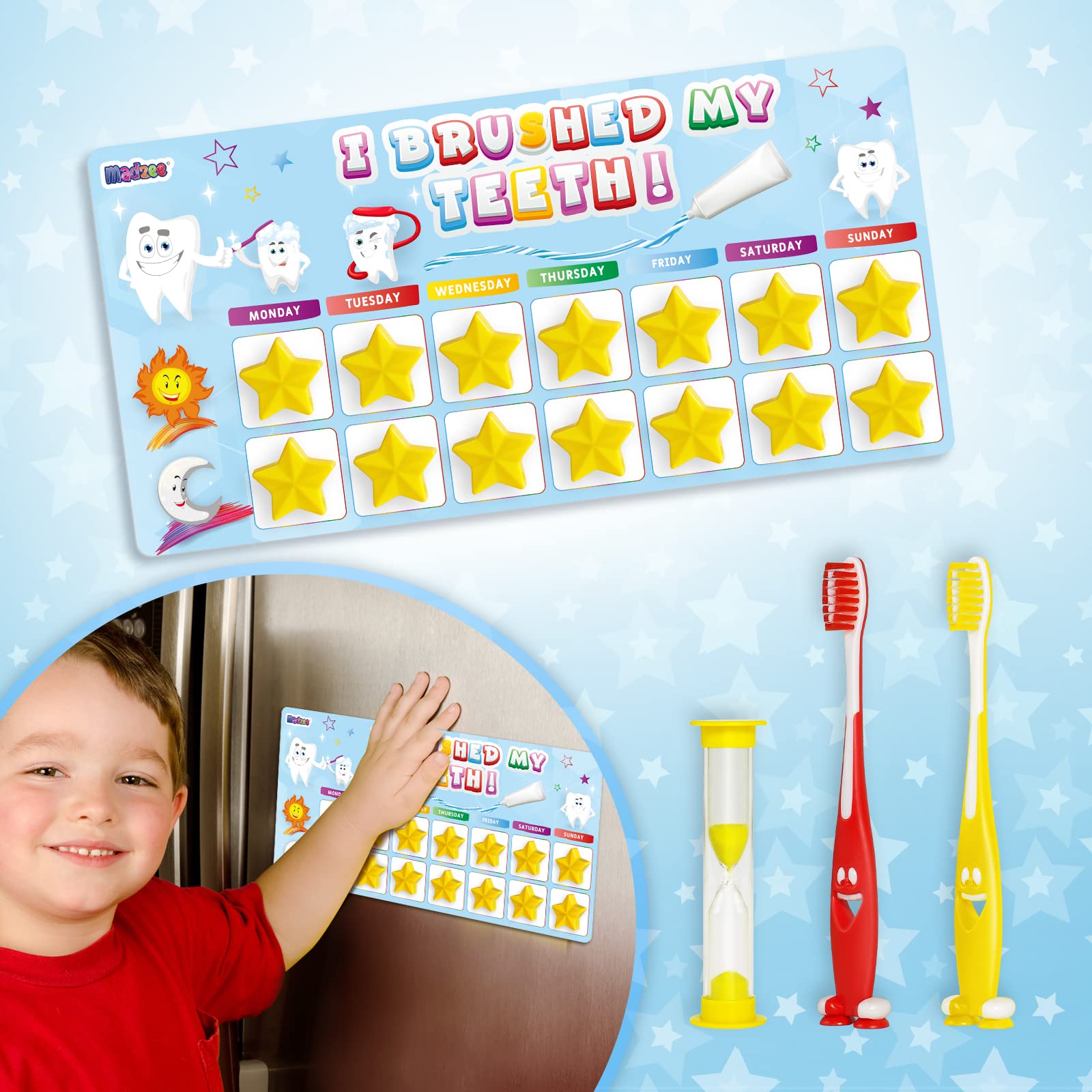 **Madzee Kids Toothbrush Set with Reward Chart & Sand Timer - 2 Soft Bristle Toothbrushes for Ages 3+ | Fun & Effective Brushing for Healthy Teeth | Perfect for Morning & Bedtime Routines**